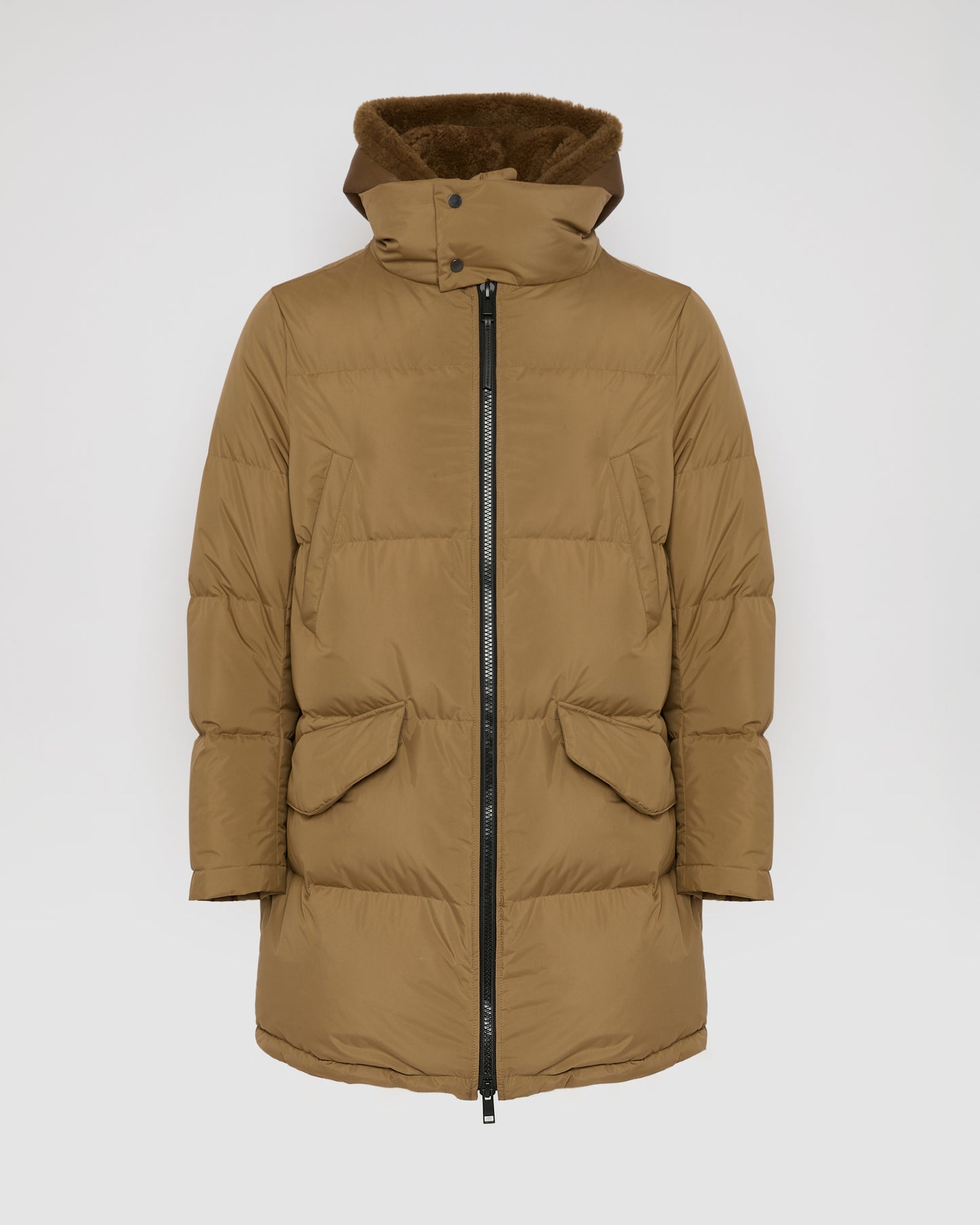 Down jacket with lambskin shearling bib