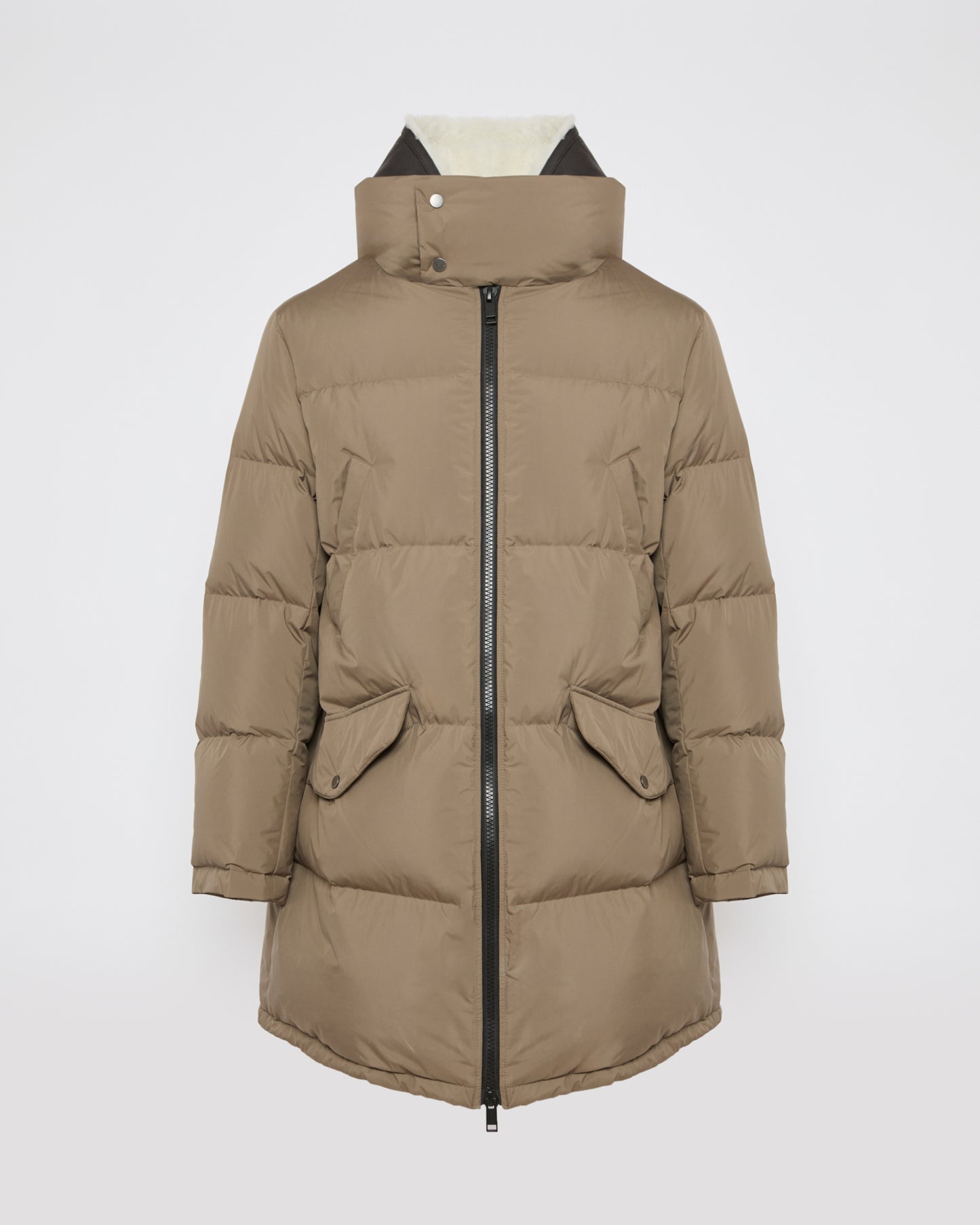 Down jacket with lambskin shearling bib