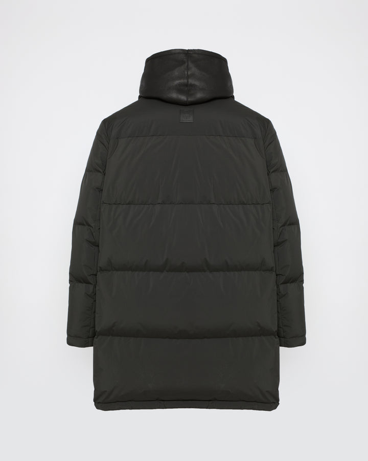 Down jacket with lambskin shearling bib