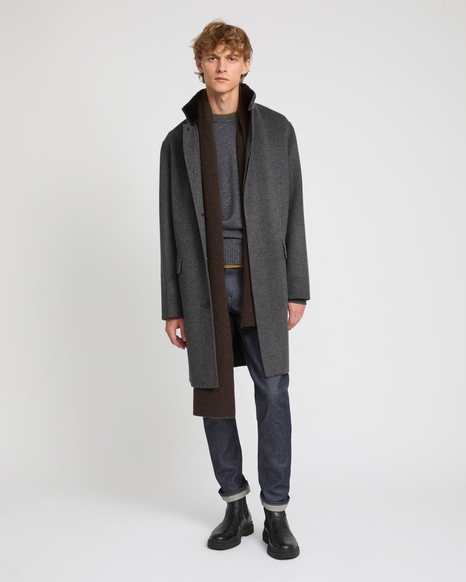Double-sided wool-cashmere fabric coat with mink collar -Yves Salomon