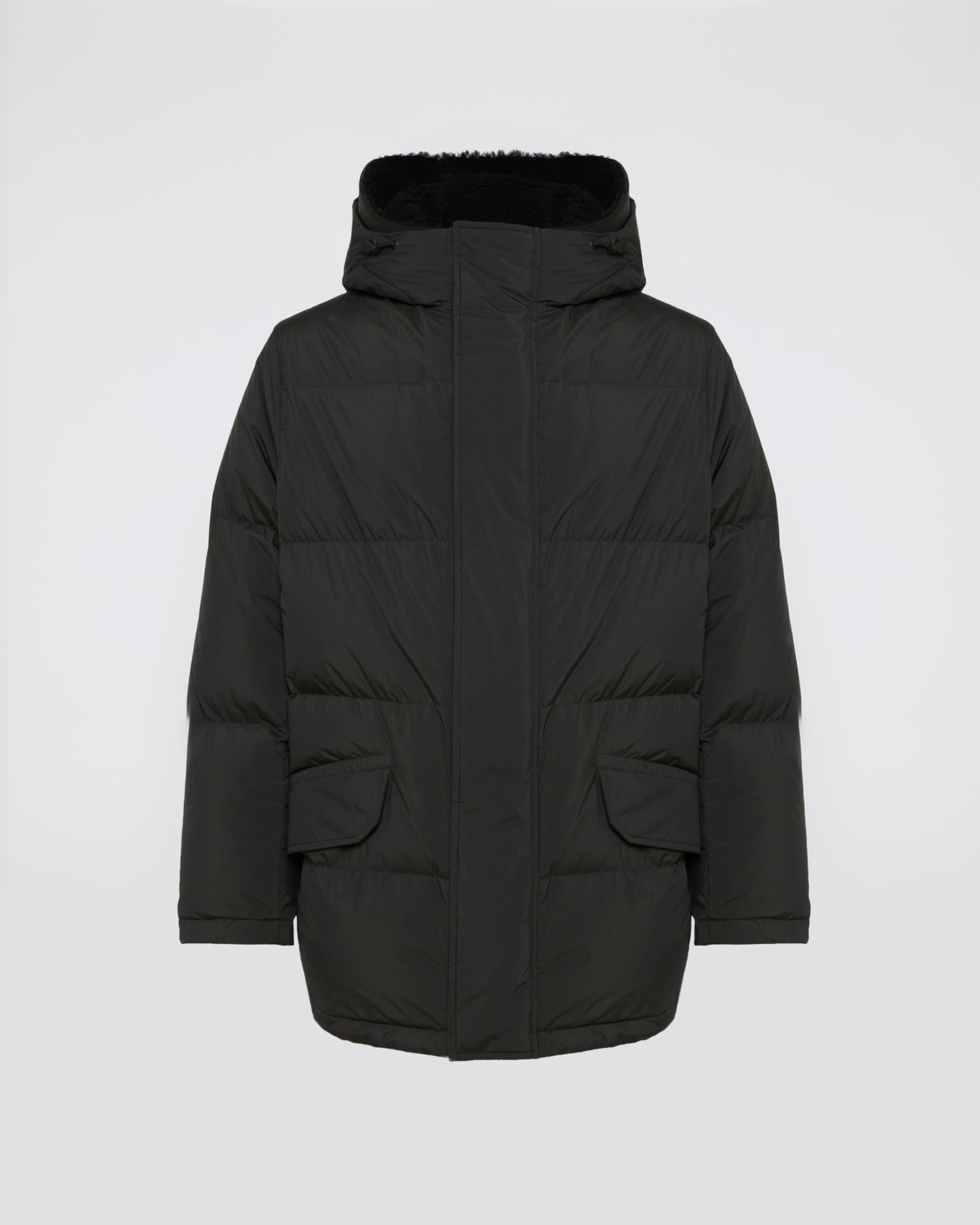 Down jacket in technical fabric and lambskin shearling