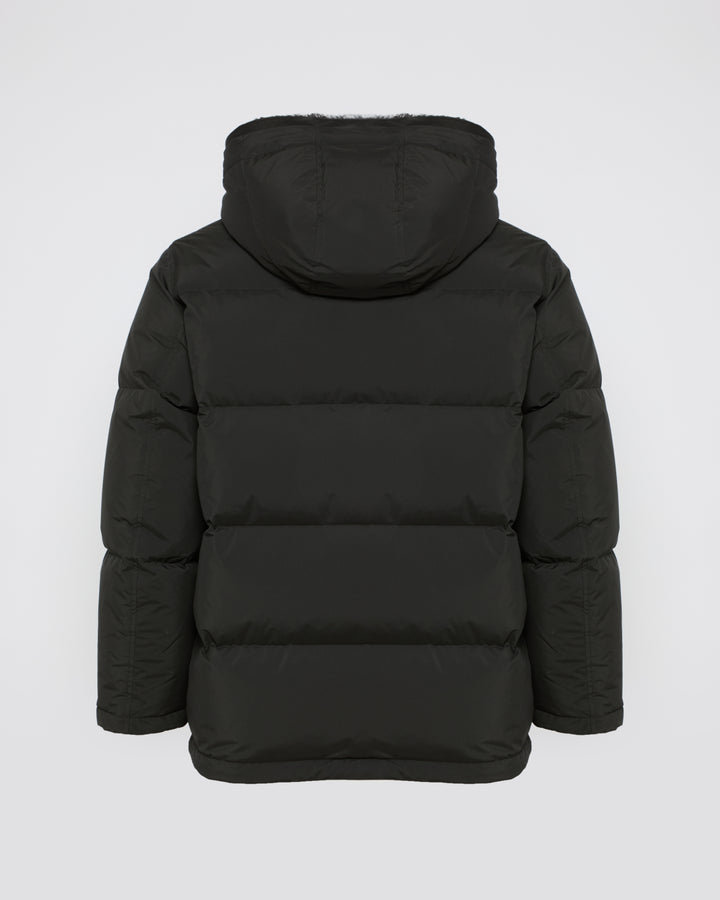 Down jacket in technical fabric and lambskin shearling