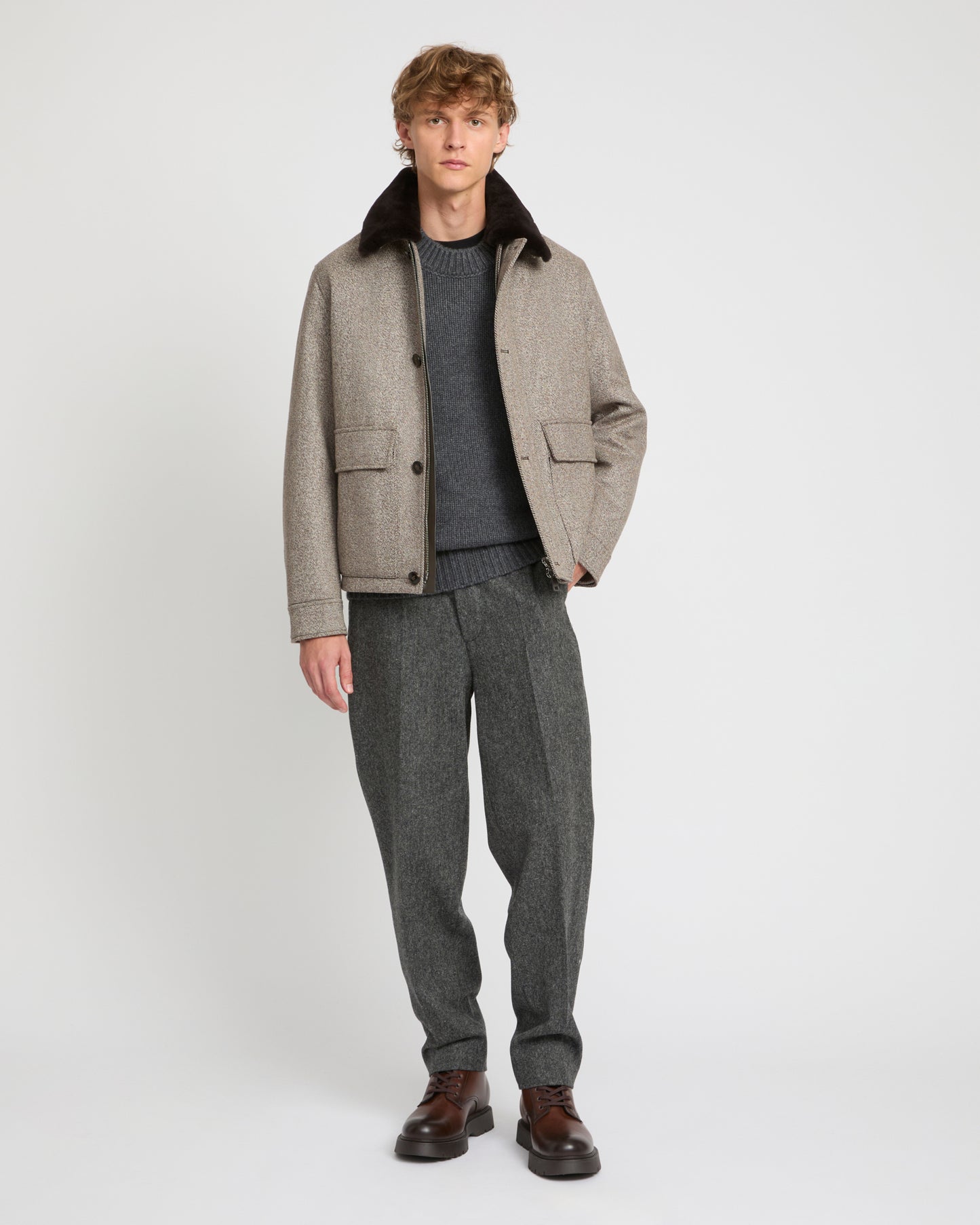 Chevron woollen fabric jacket with mink collar -Yves Salomon