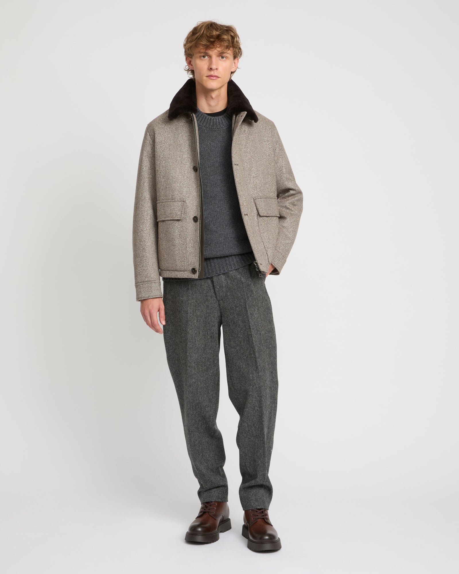 Chevron woollen fabric jacket with mink collar -Yves Salomon