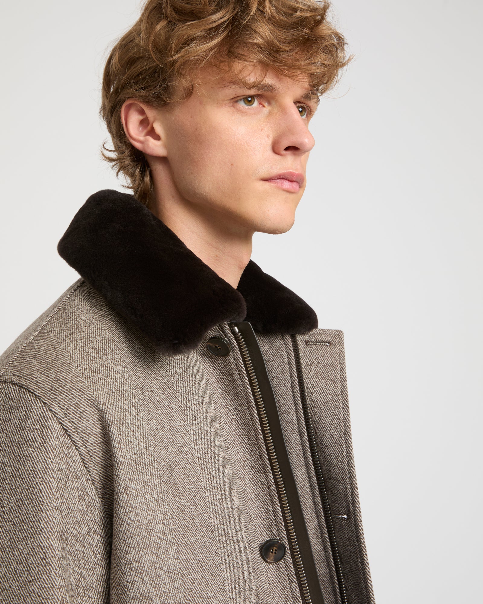 Chevron woollen fabric jacket with mink collar -Yves Salomon