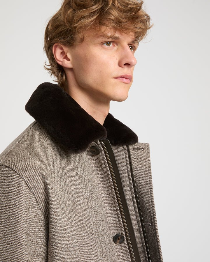 Chevron woollen fabric jacket with mink collar -Yves Salomon