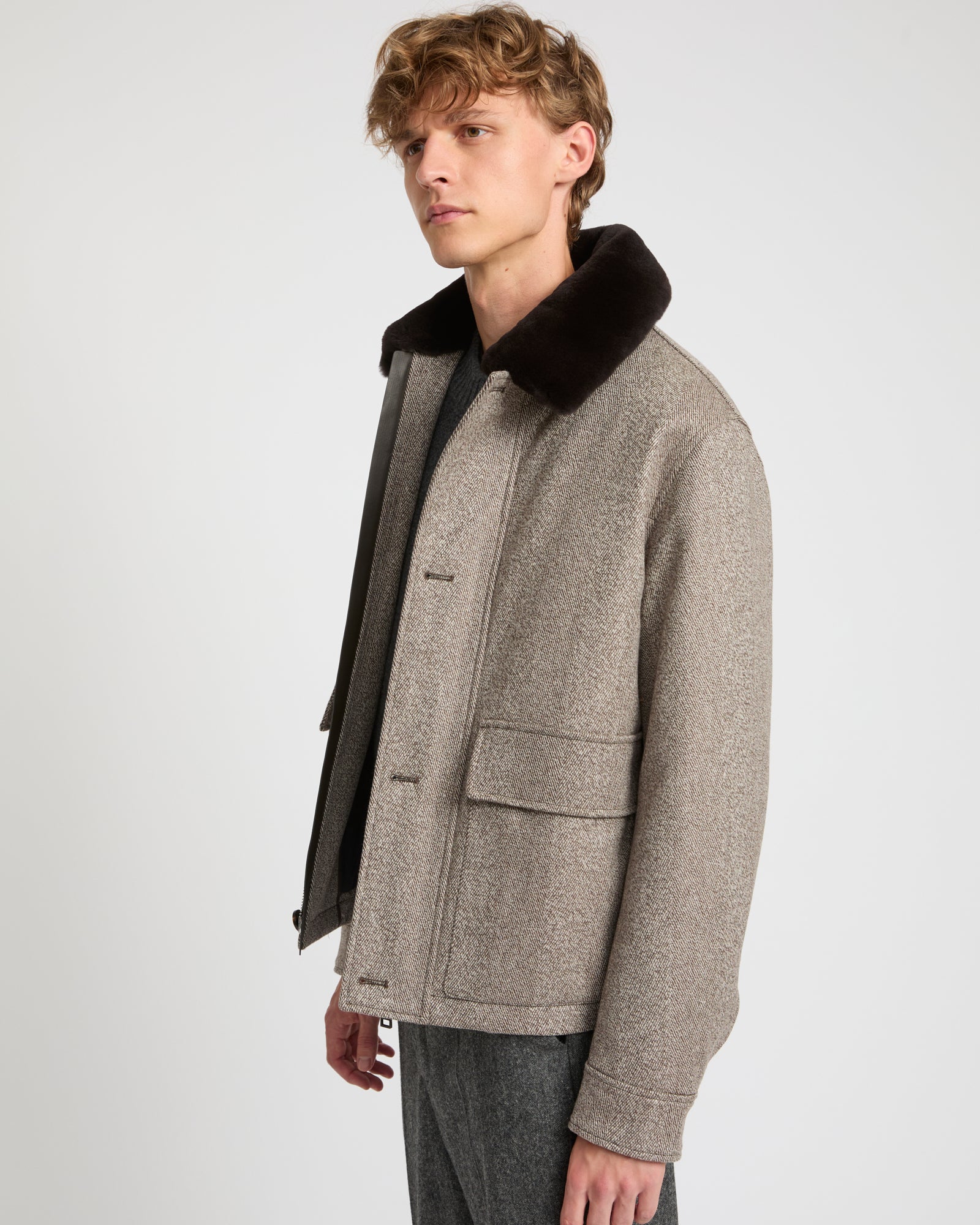 Chevron woollen fabric jacket with mink collar -Yves Salomon