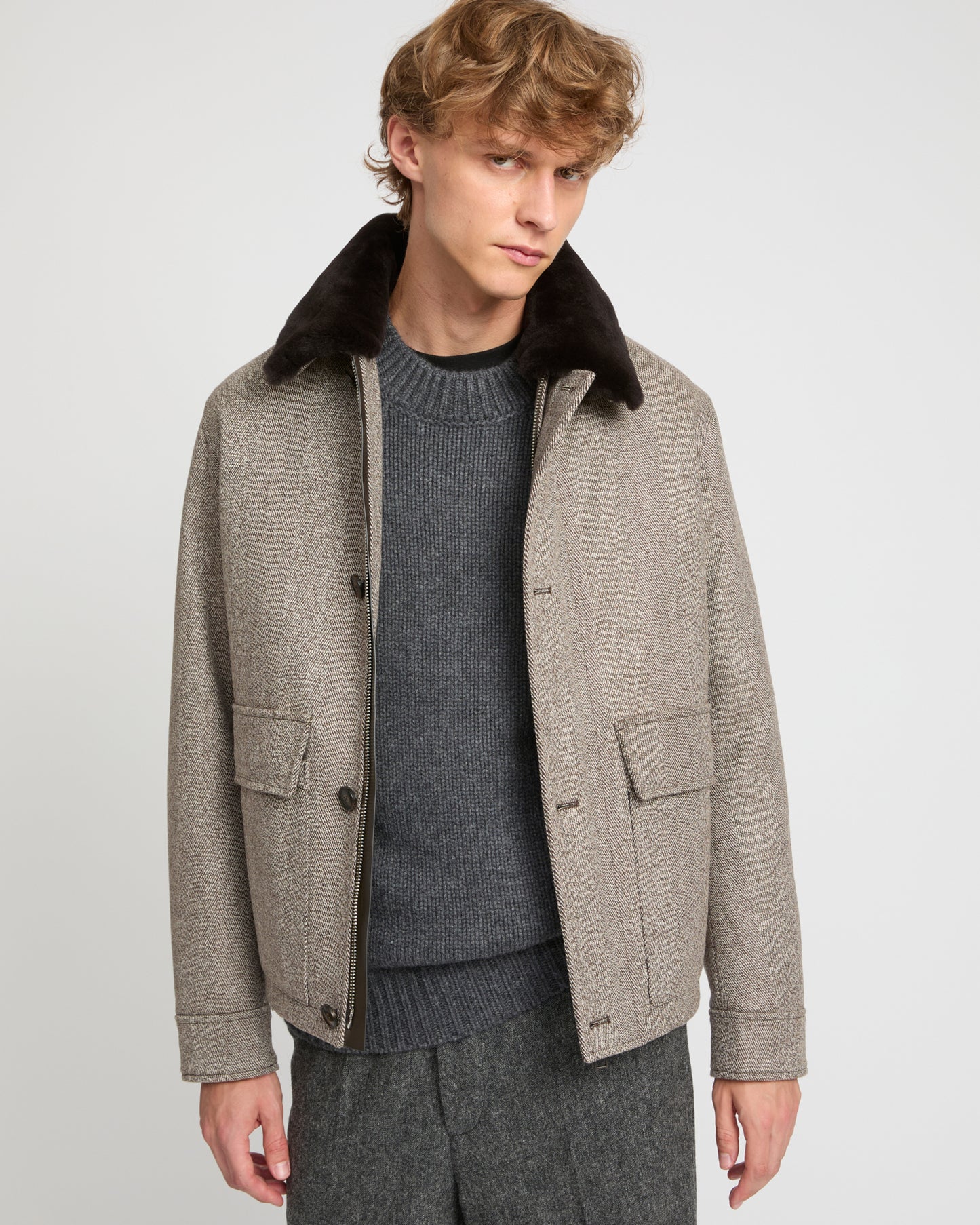 Chevron woollen fabric jacket with mink collar -Yves Salomon