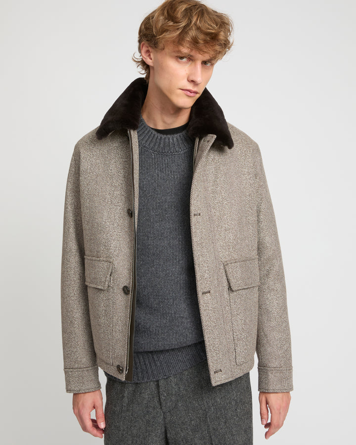 Chevron woollen fabric jacket with mink collar -Yves Salomon