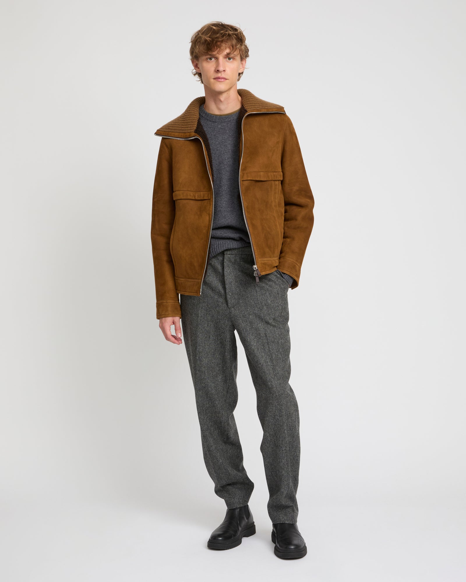 Knit collar lambskin shearling jacket -Yves Salomon