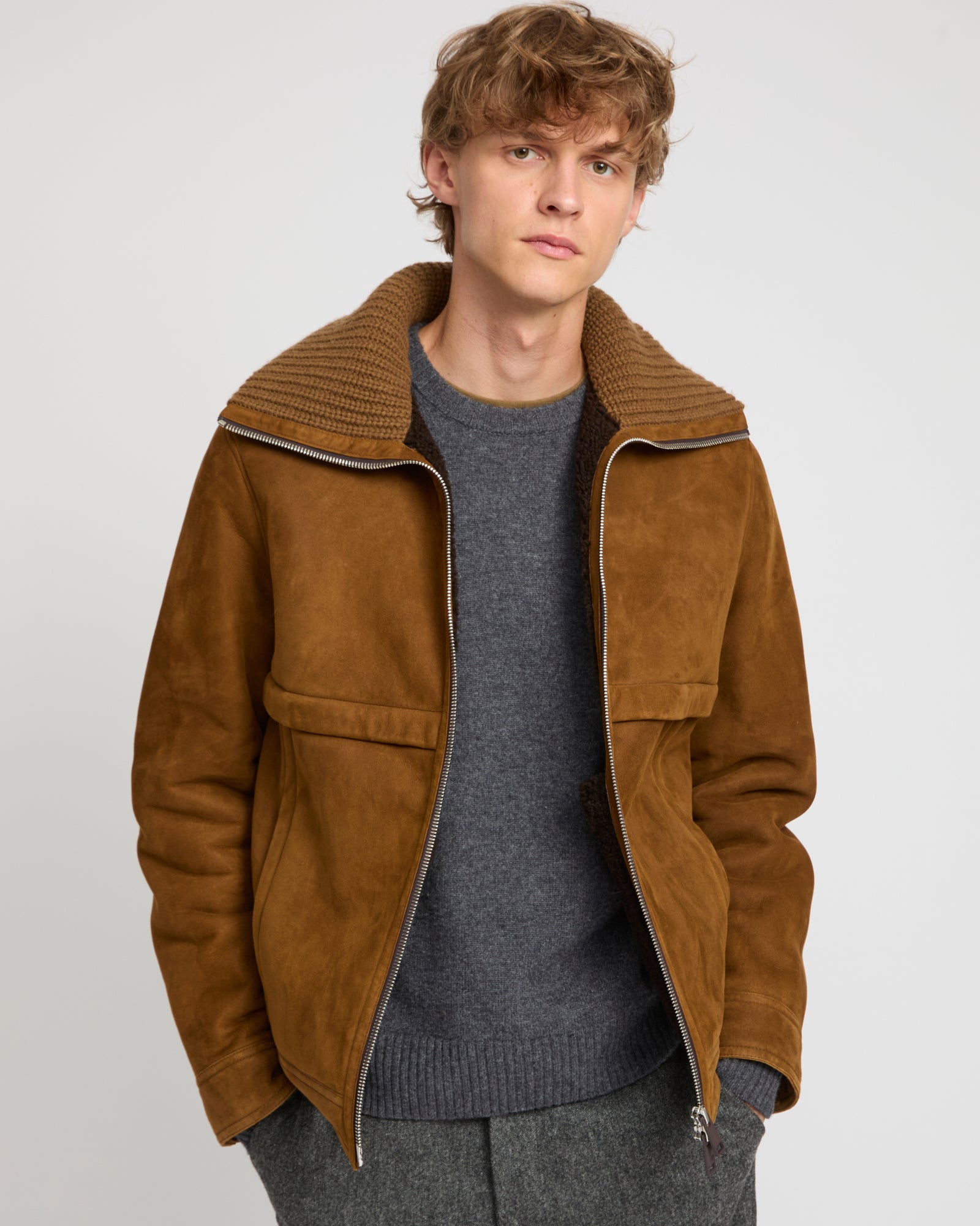 Knit collar lambskin shearling jacket -Yves Salomon