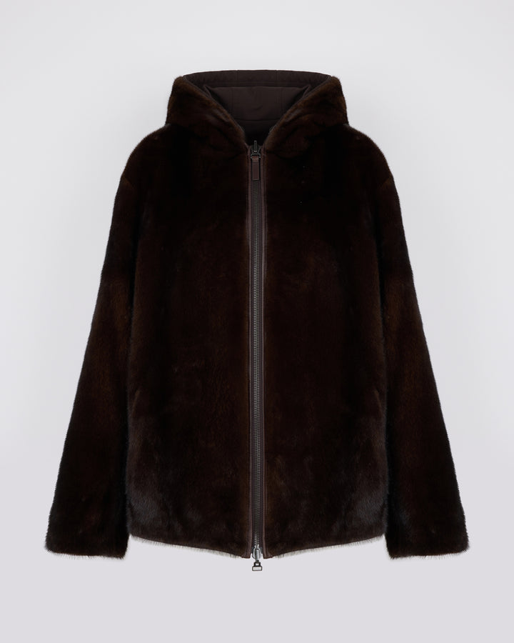 Reversible long-haired mink fur and technical fabric hooded jacket