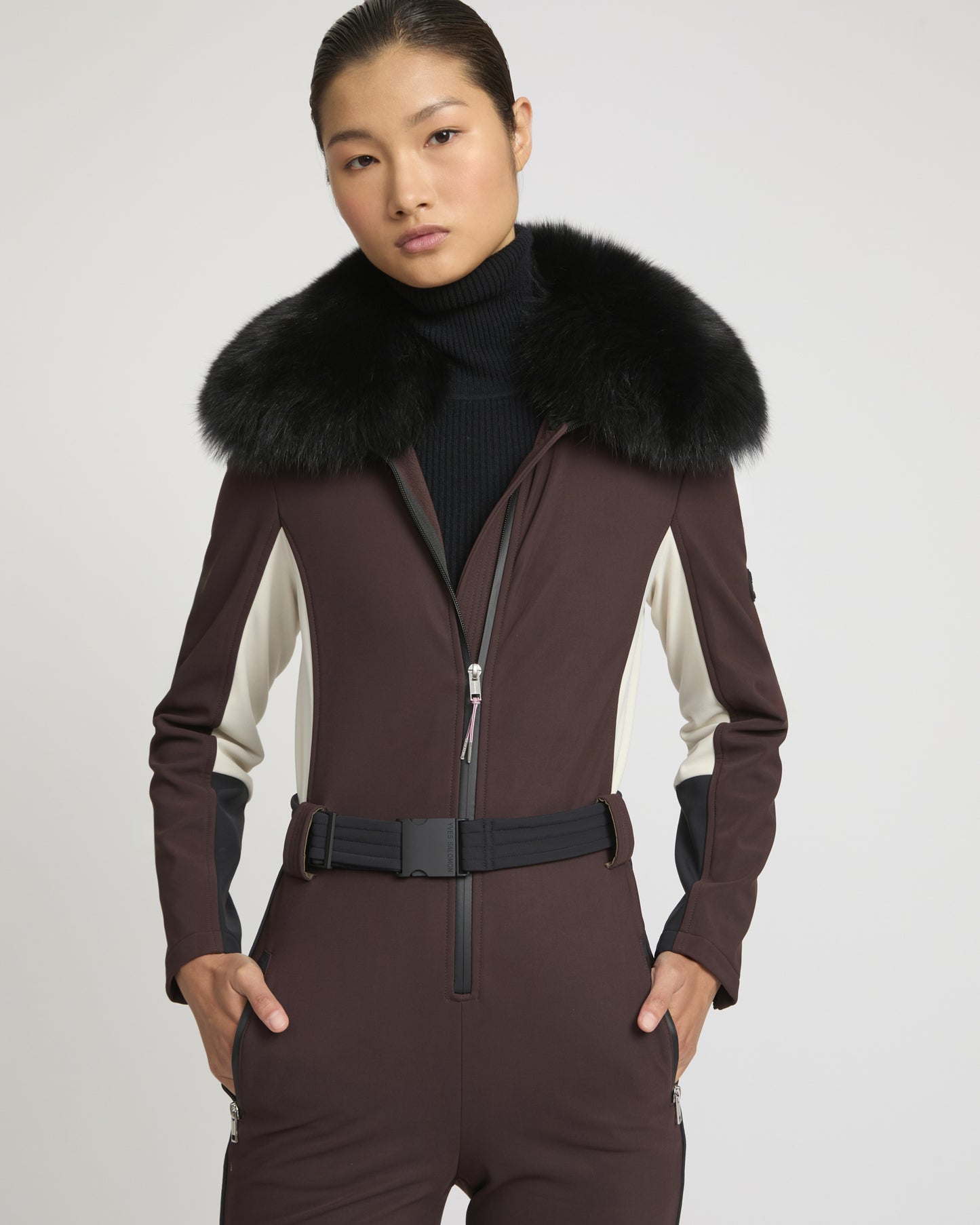 Softshell fabric jumpsuit with detachable fox fur collar -Yves Salomon