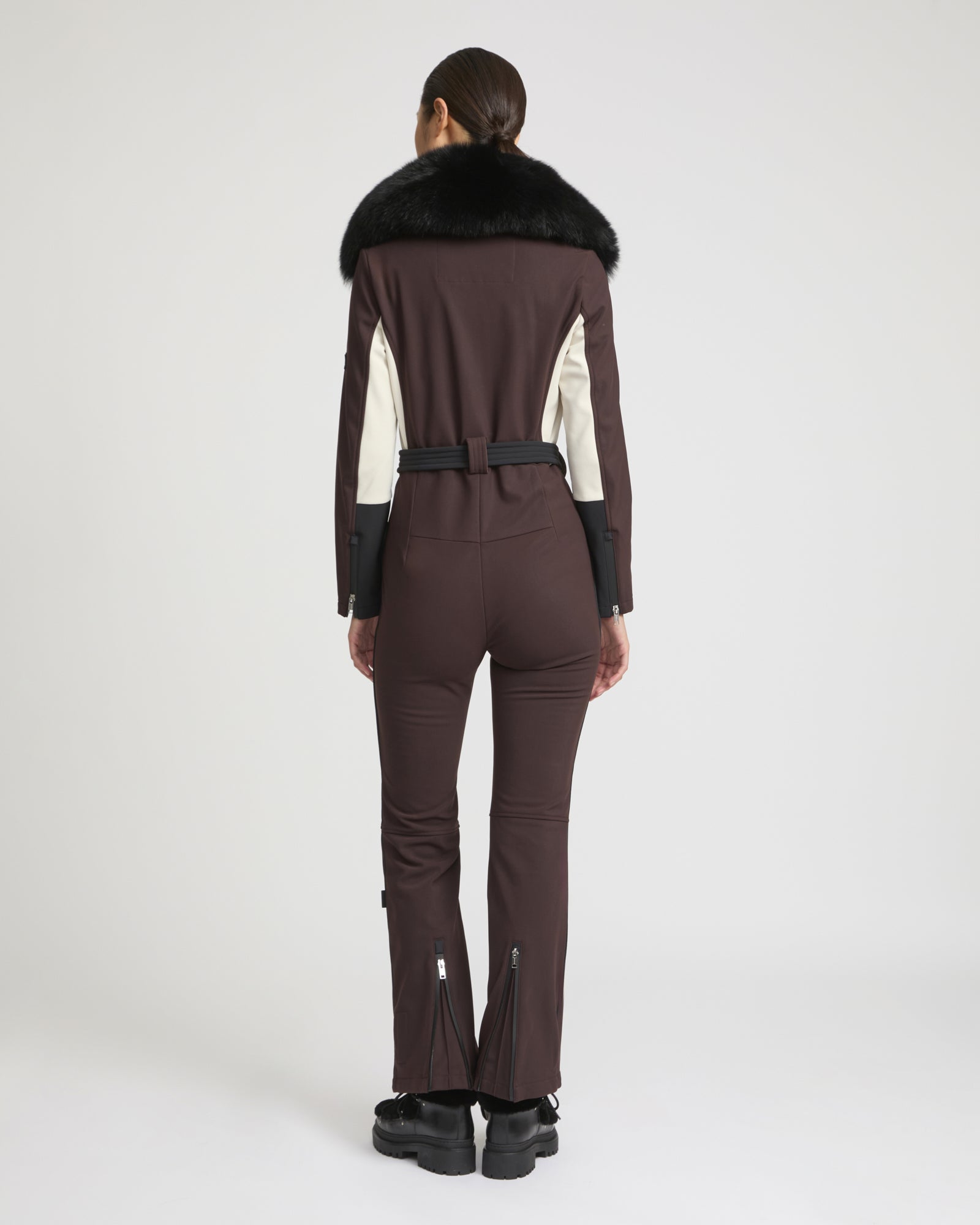 Softshell fabric jumpsuit with detachable fox fur collar -Yves Salomon