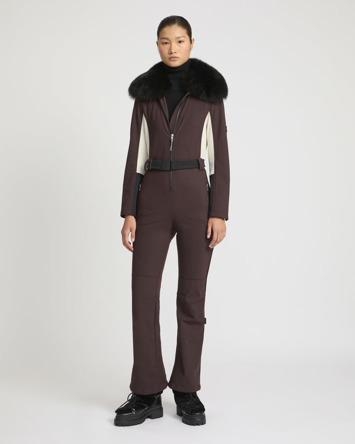 Softshell fabric jumpsuit with detachable fox fur collar -Yves Salomon