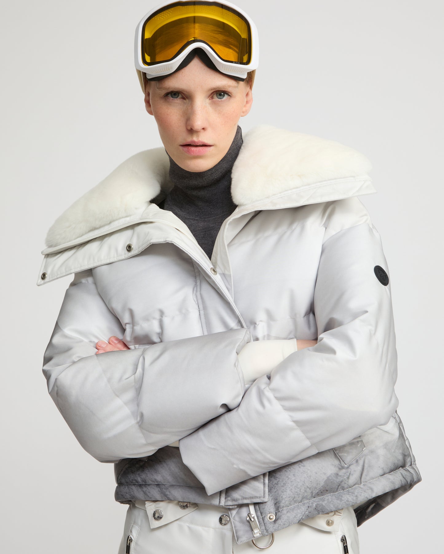 Short down jacket in waterproof fabric and Rex rabbit fur trim -Yves Salomon