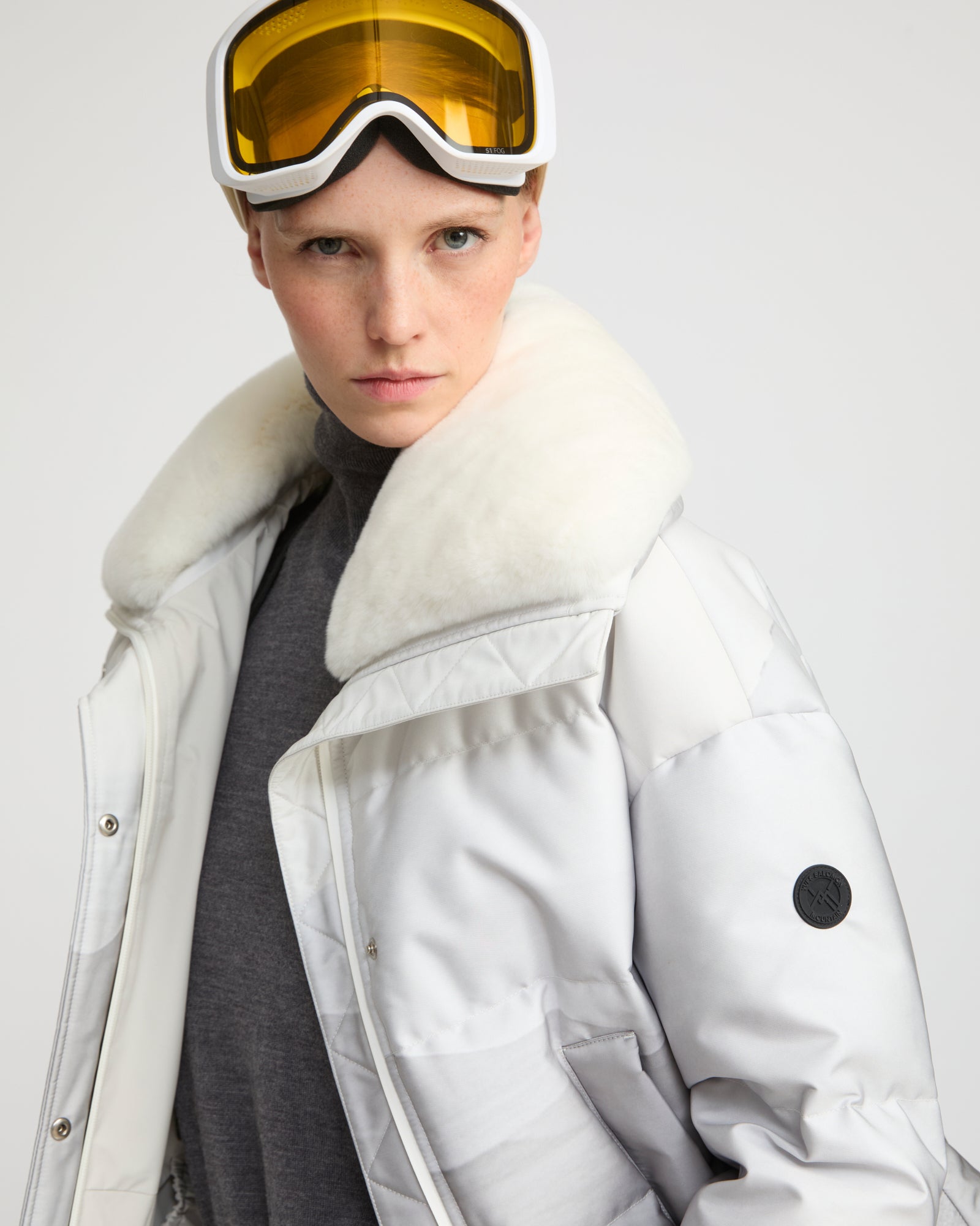 Short down jacket in waterproof fabric and Rex rabbit fur trim -Yves Salomon