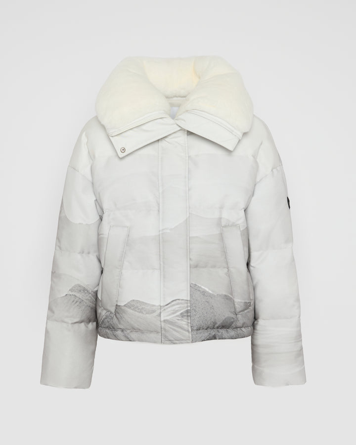 Short down jacket in waterproof fabric and Rex rabbit fur trim