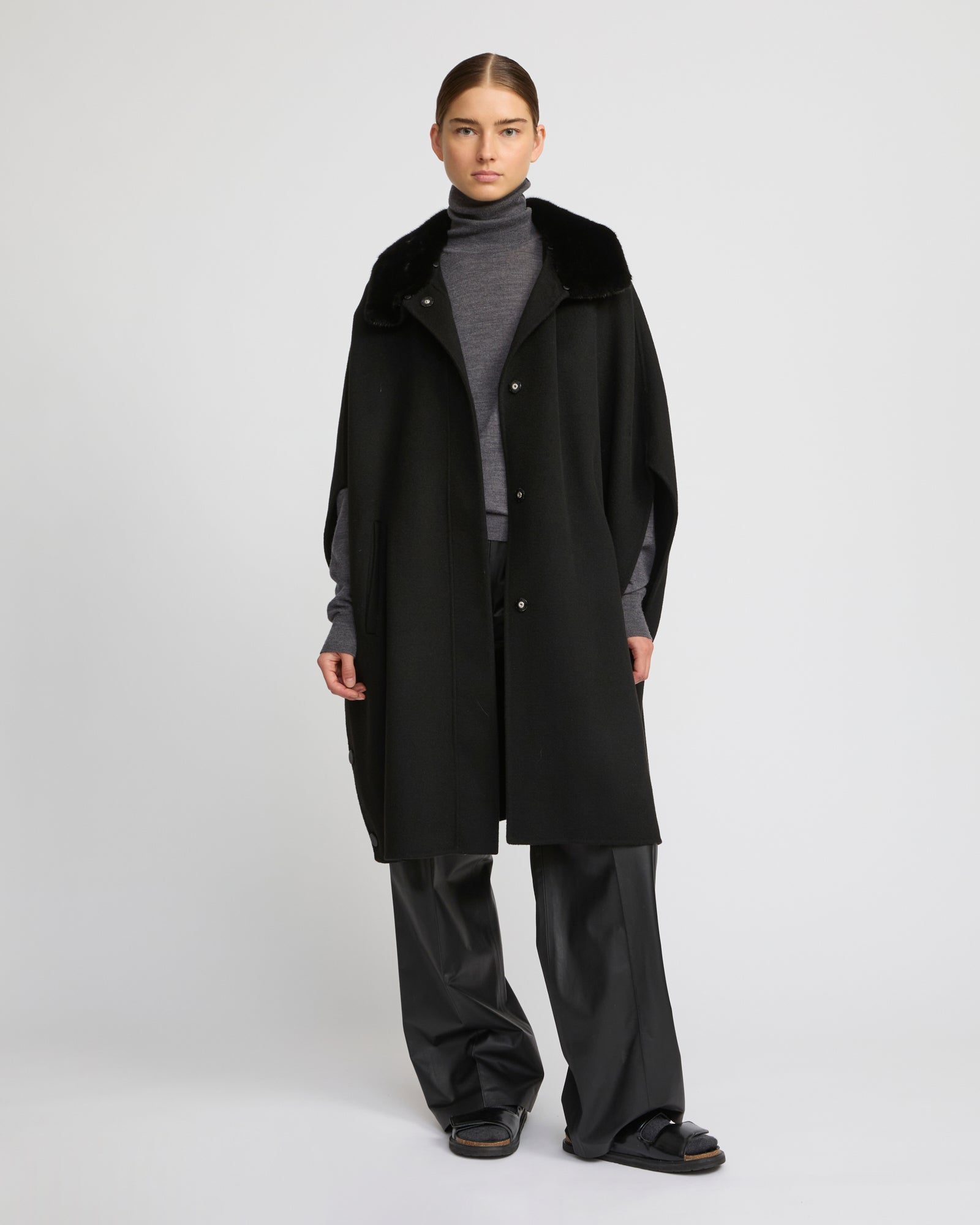 Cashmere-blend cape with removable mink fur collar -Yves Salomon