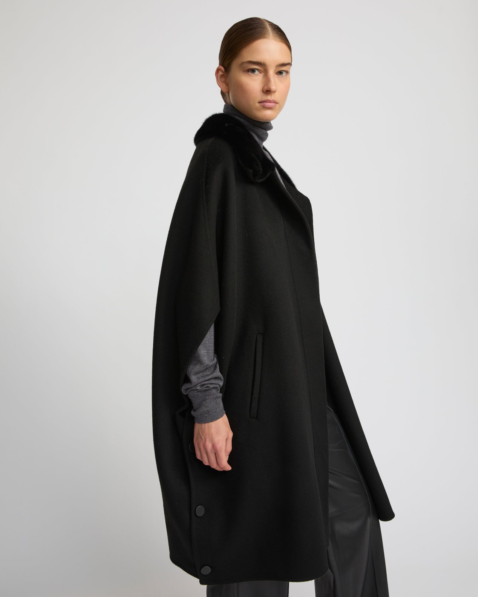 Cashmere-blend cape with removable mink fur collar -Yves Salomon