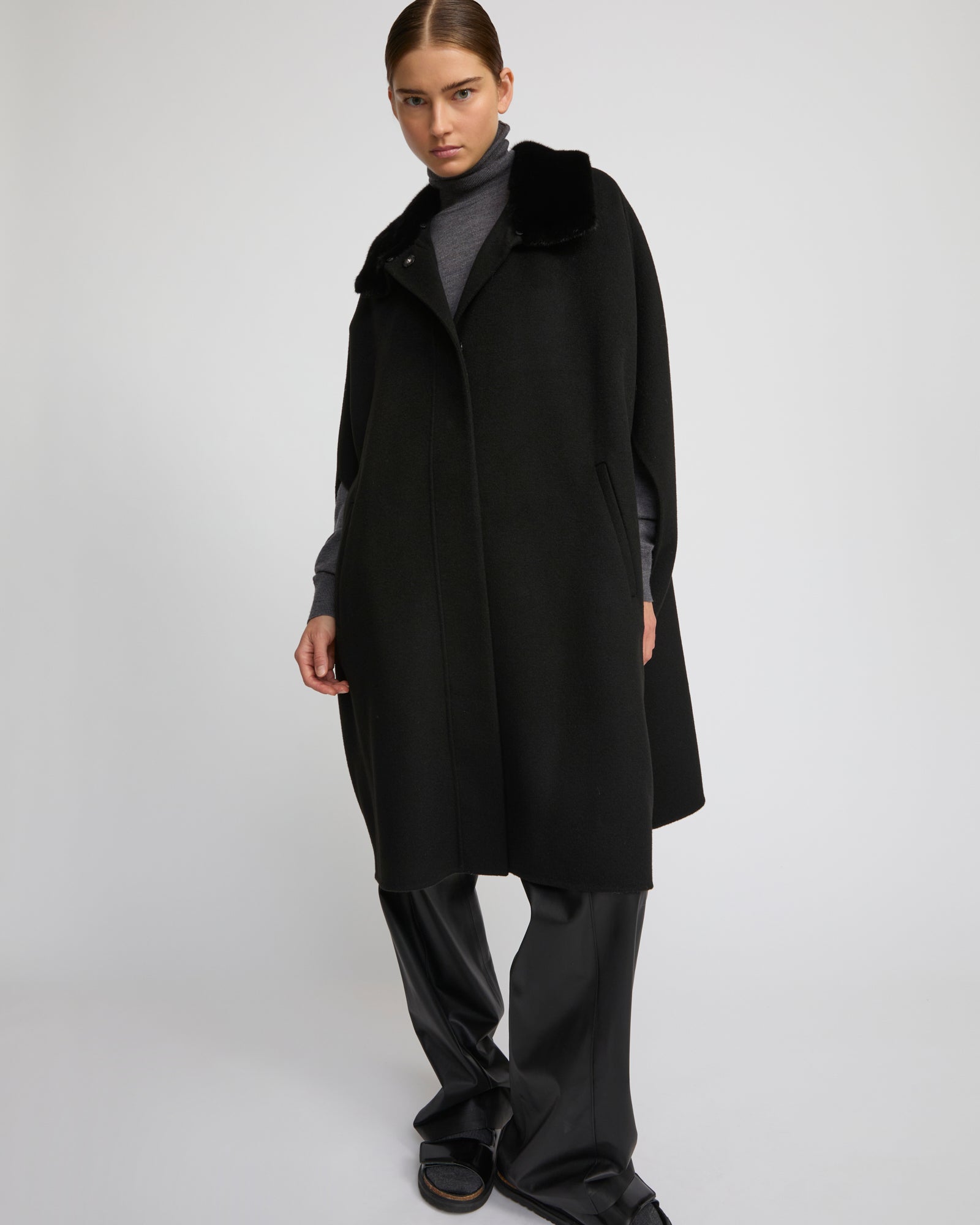 Cashmere-blend cape with removable mink fur collar -Yves Salomon