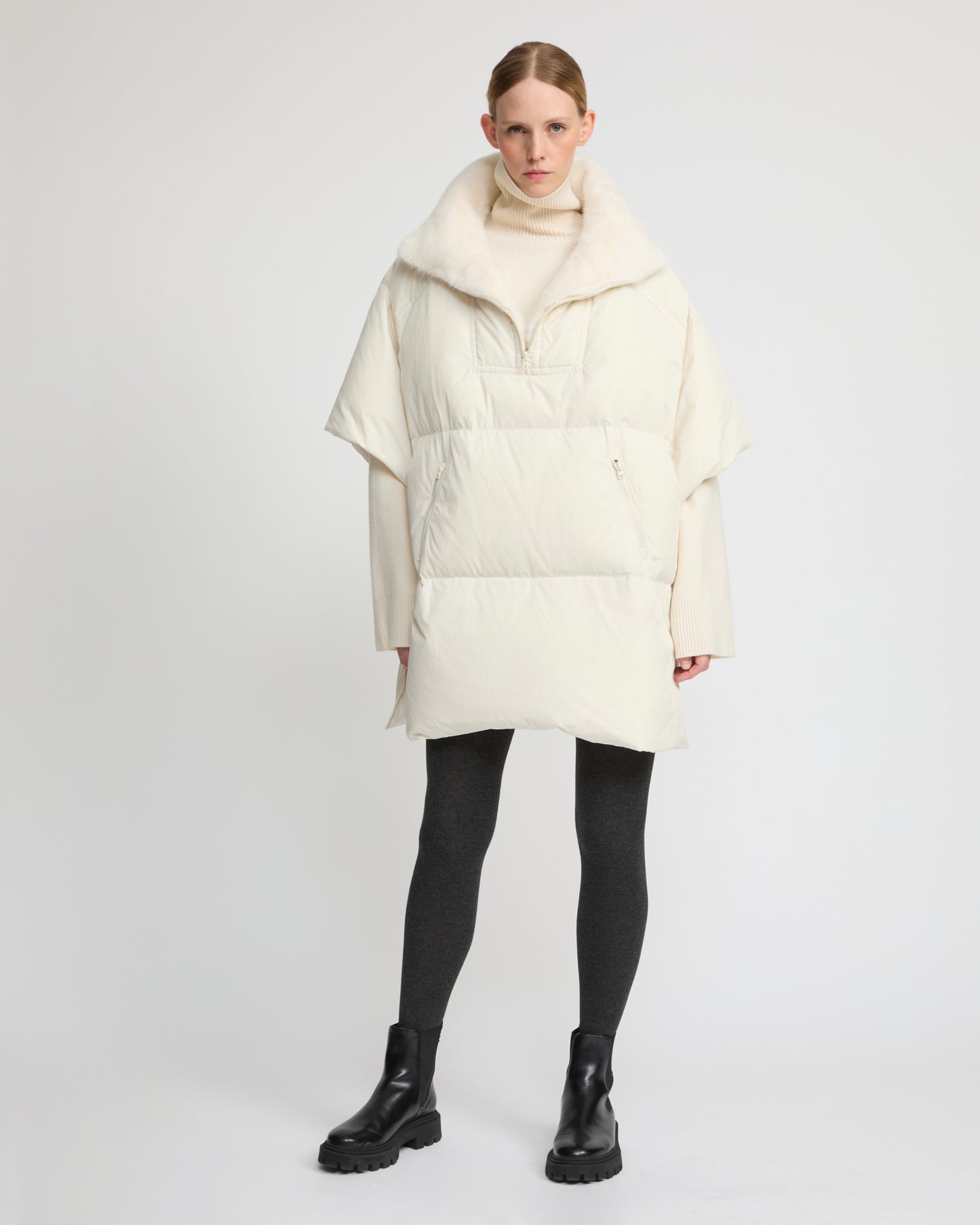 Technical fabric down cape with mink fur stand collar and lining. -Yves Salomon