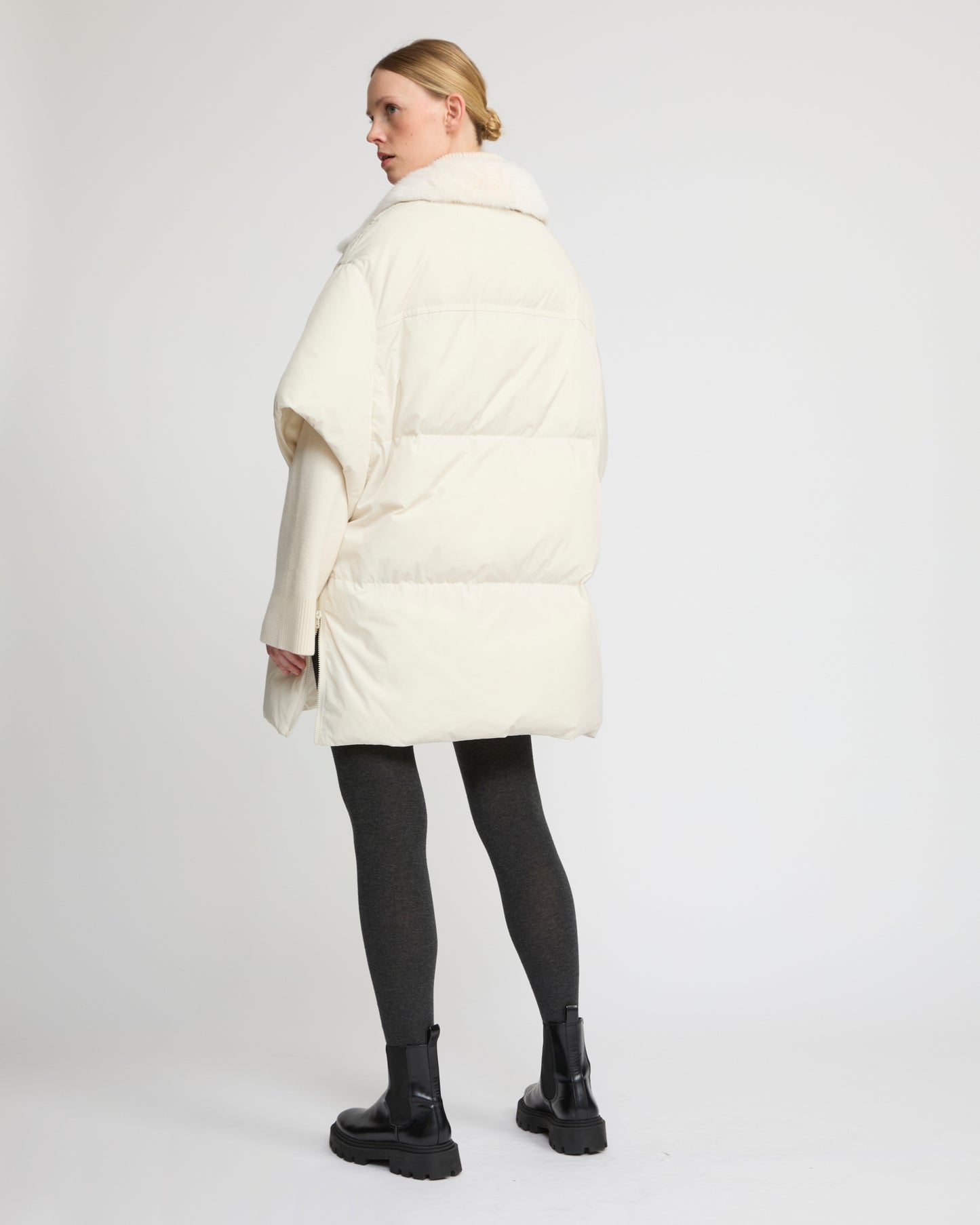 Technical fabric down cape with mink fur stand collar and lining. -Yves Salomon