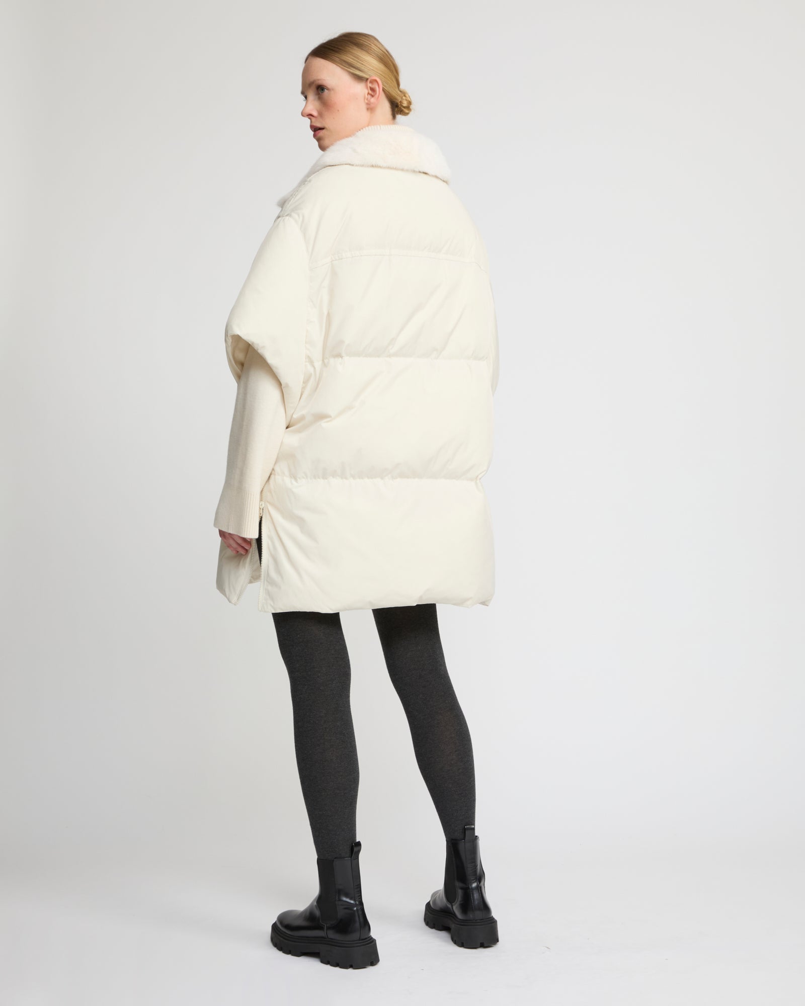 Technical fabric down cape with mink fur stand collar and lining. -Yves Salomon