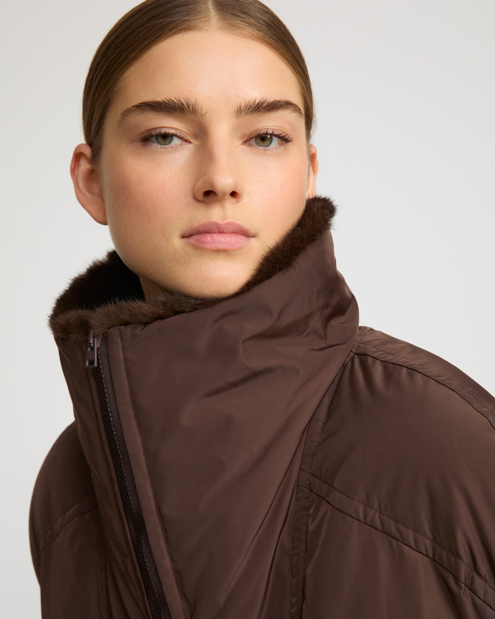 Winter sale & boxing day  -Technical fabric down cape with mink fur stand collar and lining.