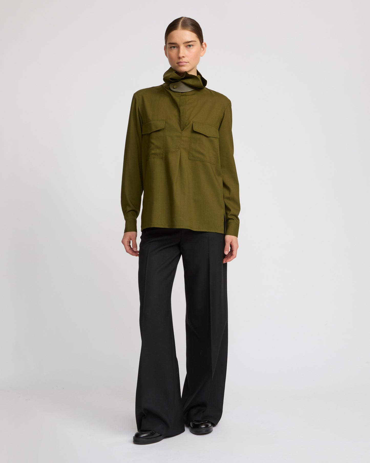 Wool voile draped blouse