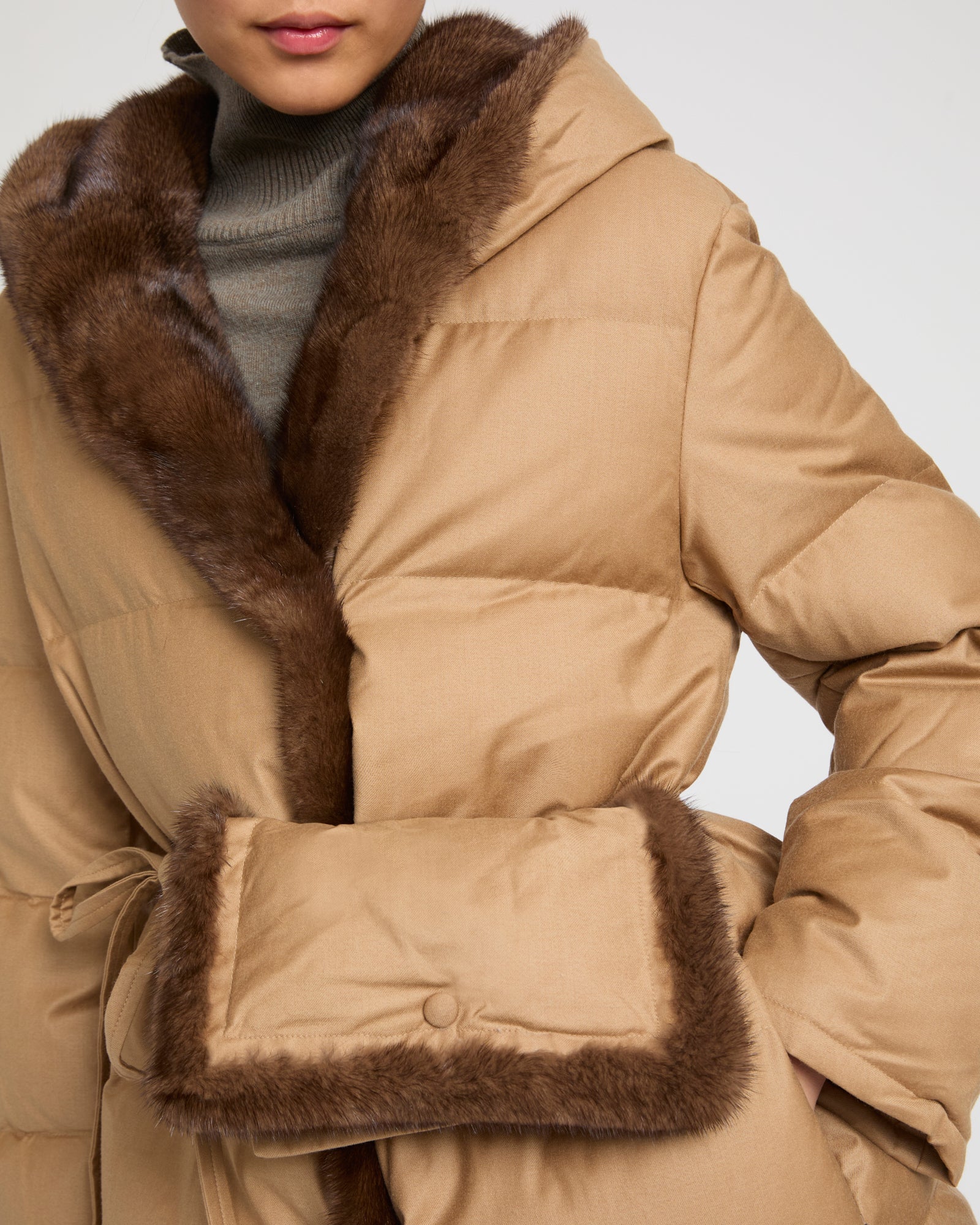 Down maxi belted coat in Loro Piana flannel fabric and mink fur -Yves Salomon