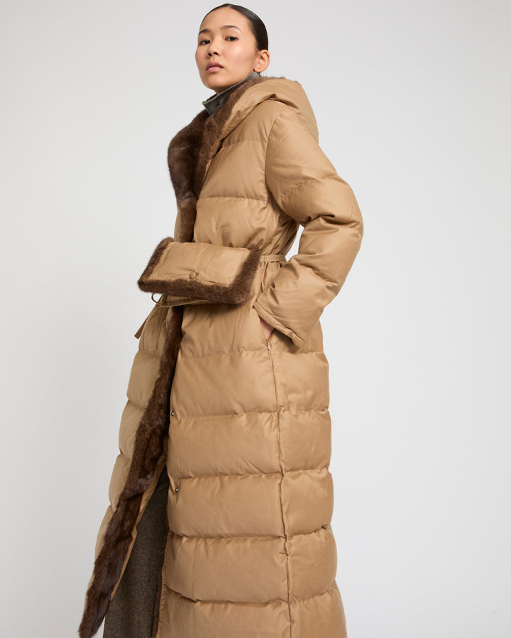 Down maxi belted coat in Loro Piana flannel fabric and mink fur -Yves Salomon