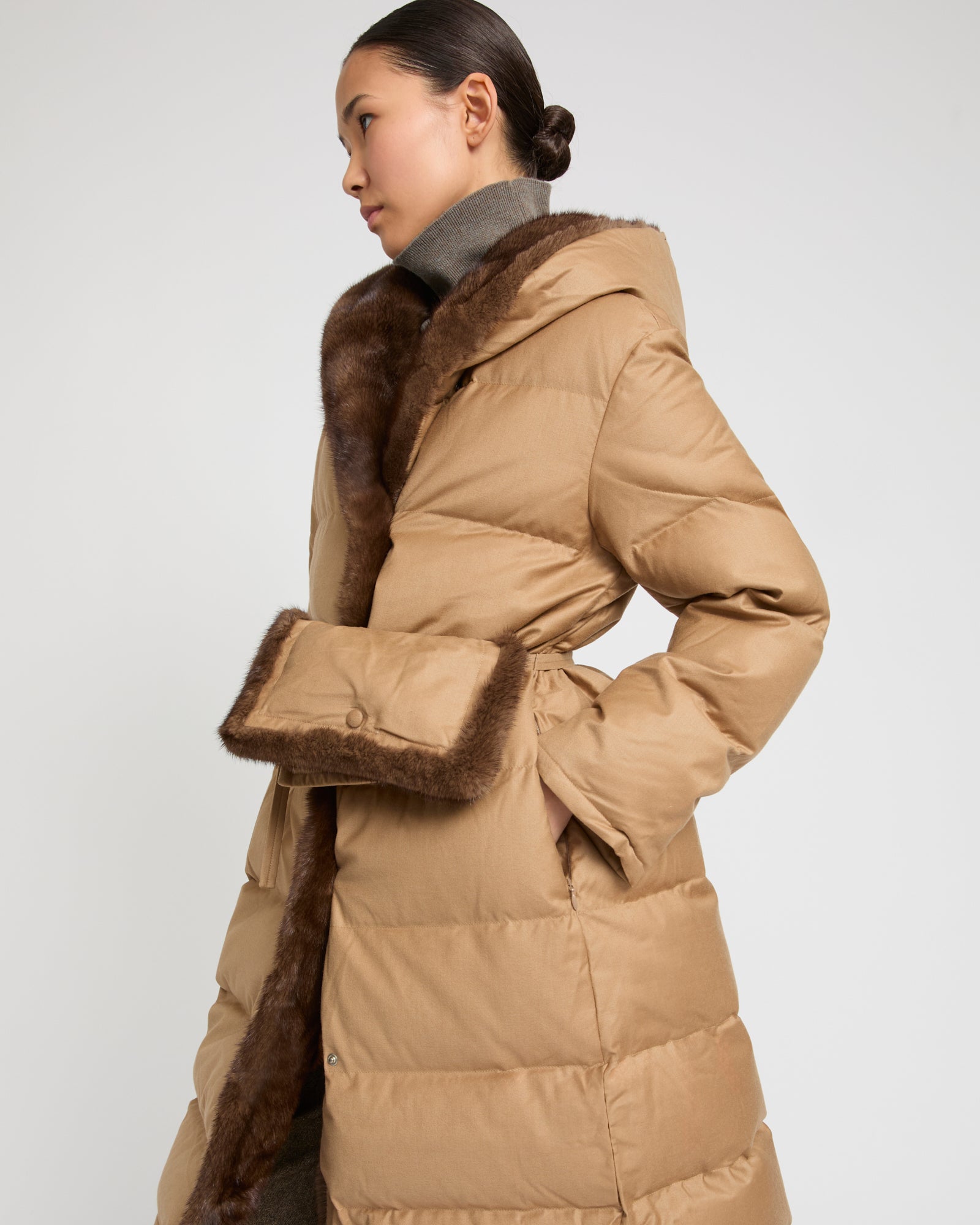 Down maxi belted coat in Loro Piana flannel fabric and mink fur -Yves Salomon