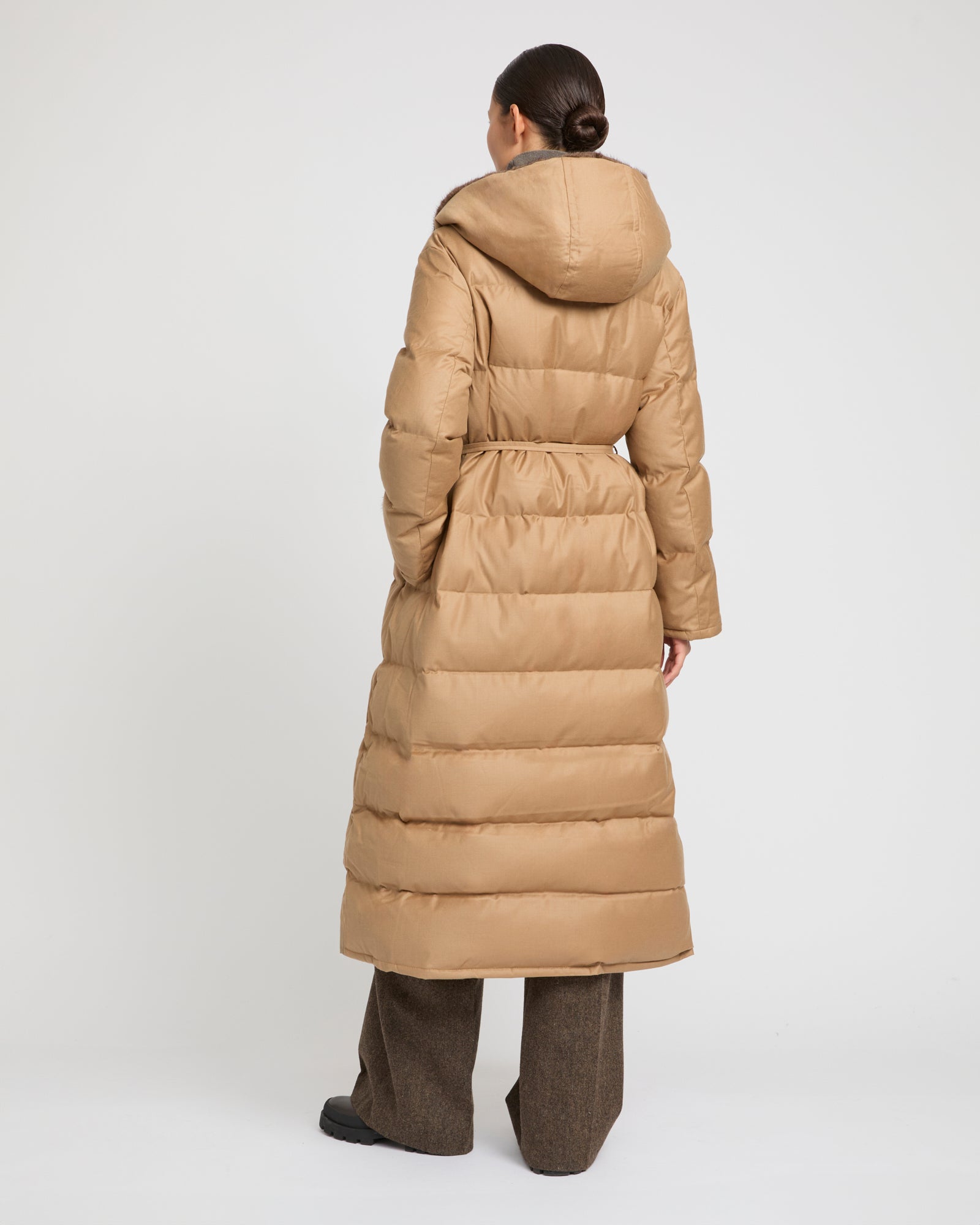 Down maxi belted coat in Loro Piana flannel fabric and mink fur -Yves Salomon