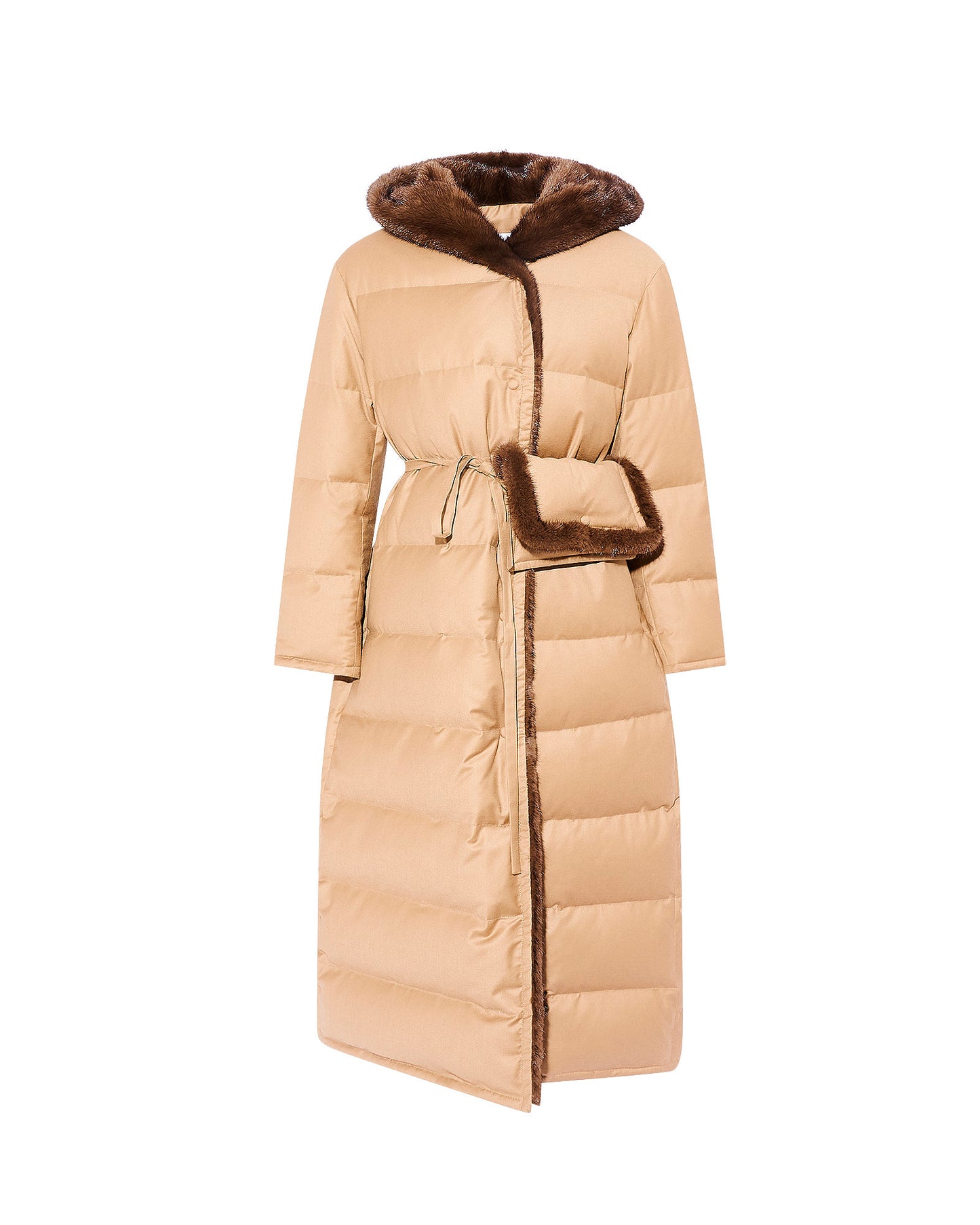 Down maxi belted coat in flannel fabric and mink fur -Yves Salomon