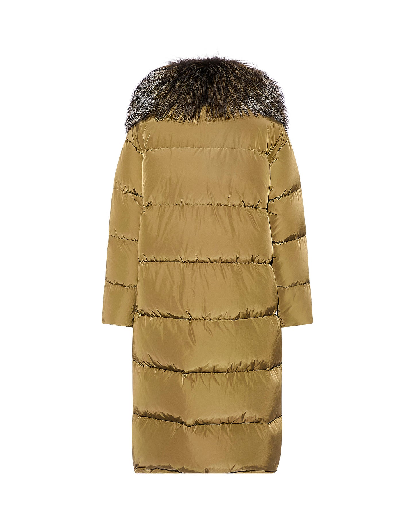 Technical fabric maxi down jacket with large detachable fox fur collar