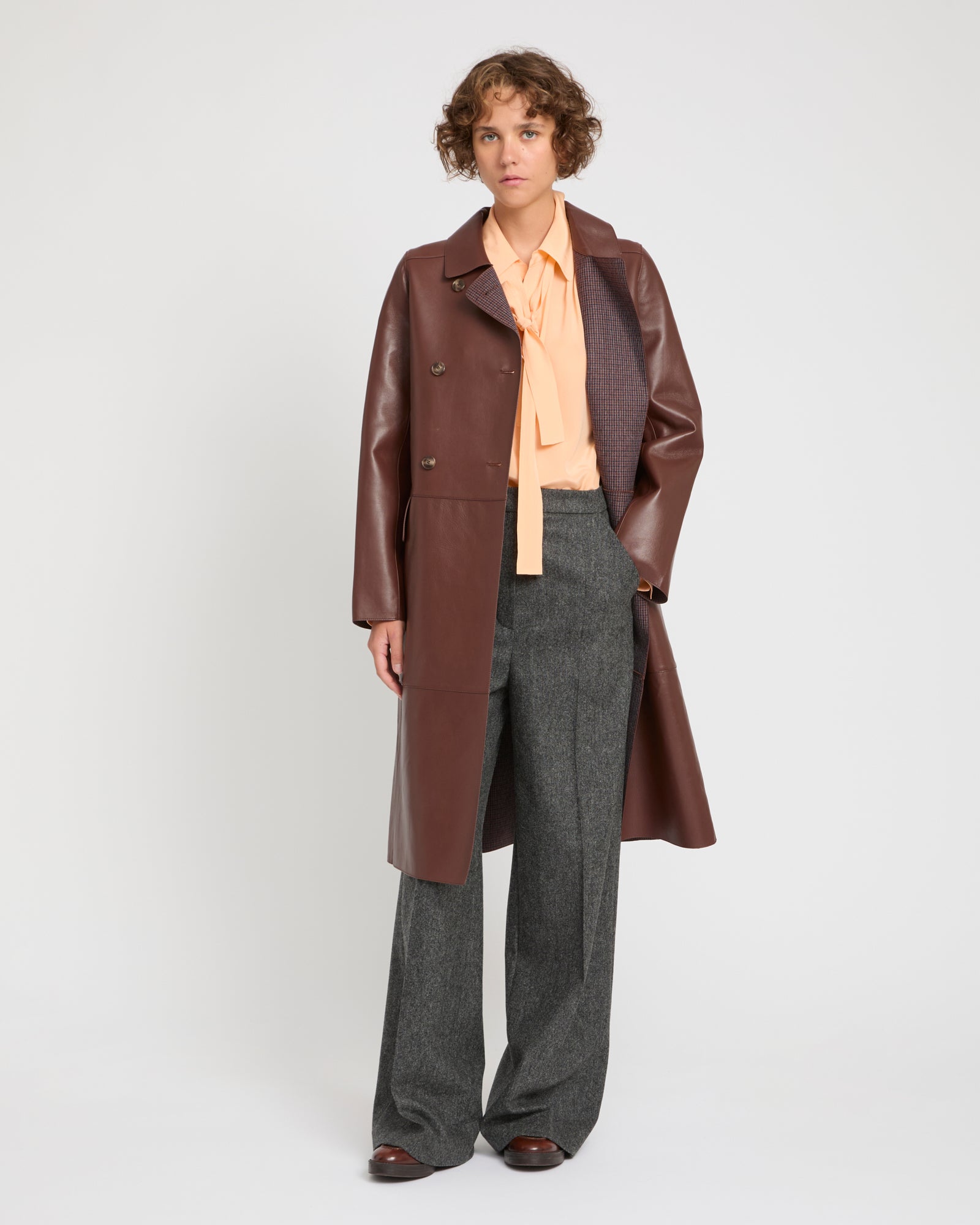 Double-breasted trench coat in bonded leather and wool -Yves Salomon