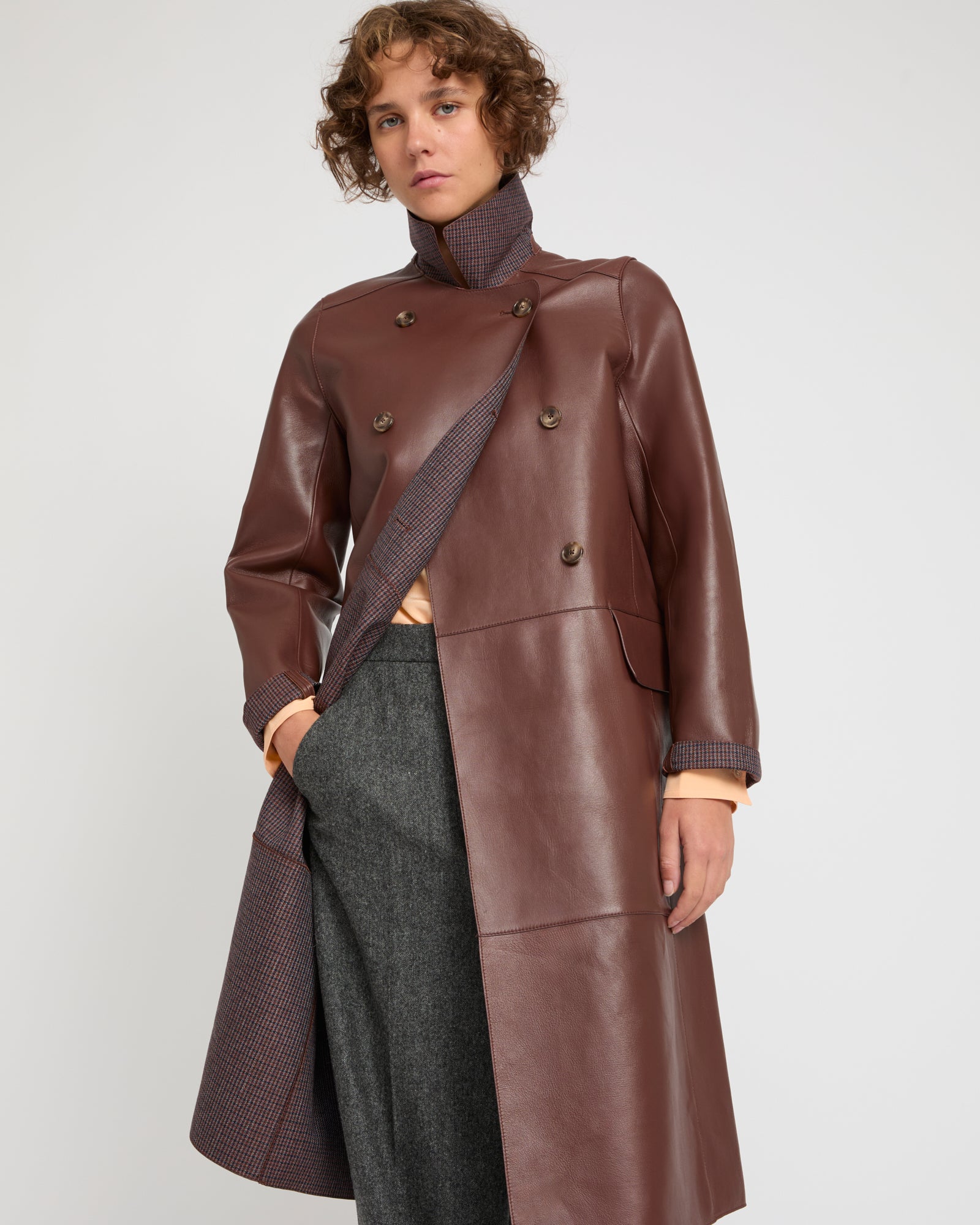 Double-breasted trench coat in bonded leather and wool -Yves Salomon