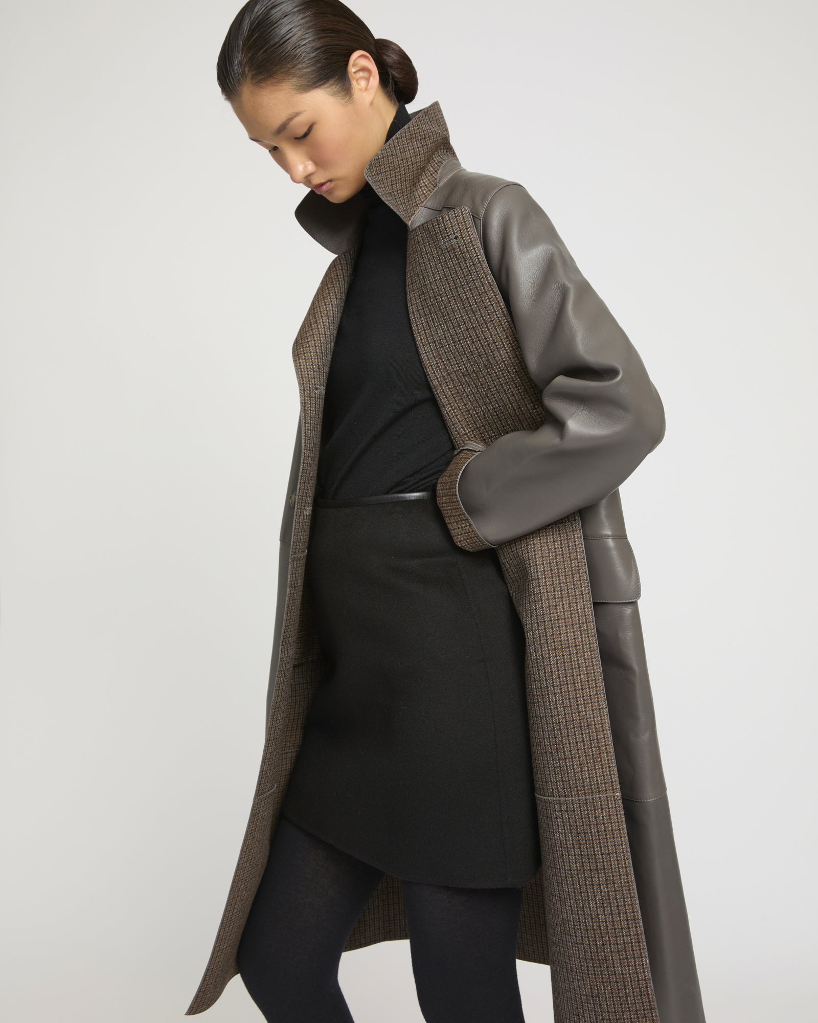Double-breasted trench coat in bonded leather and wool -Yves Salomon
