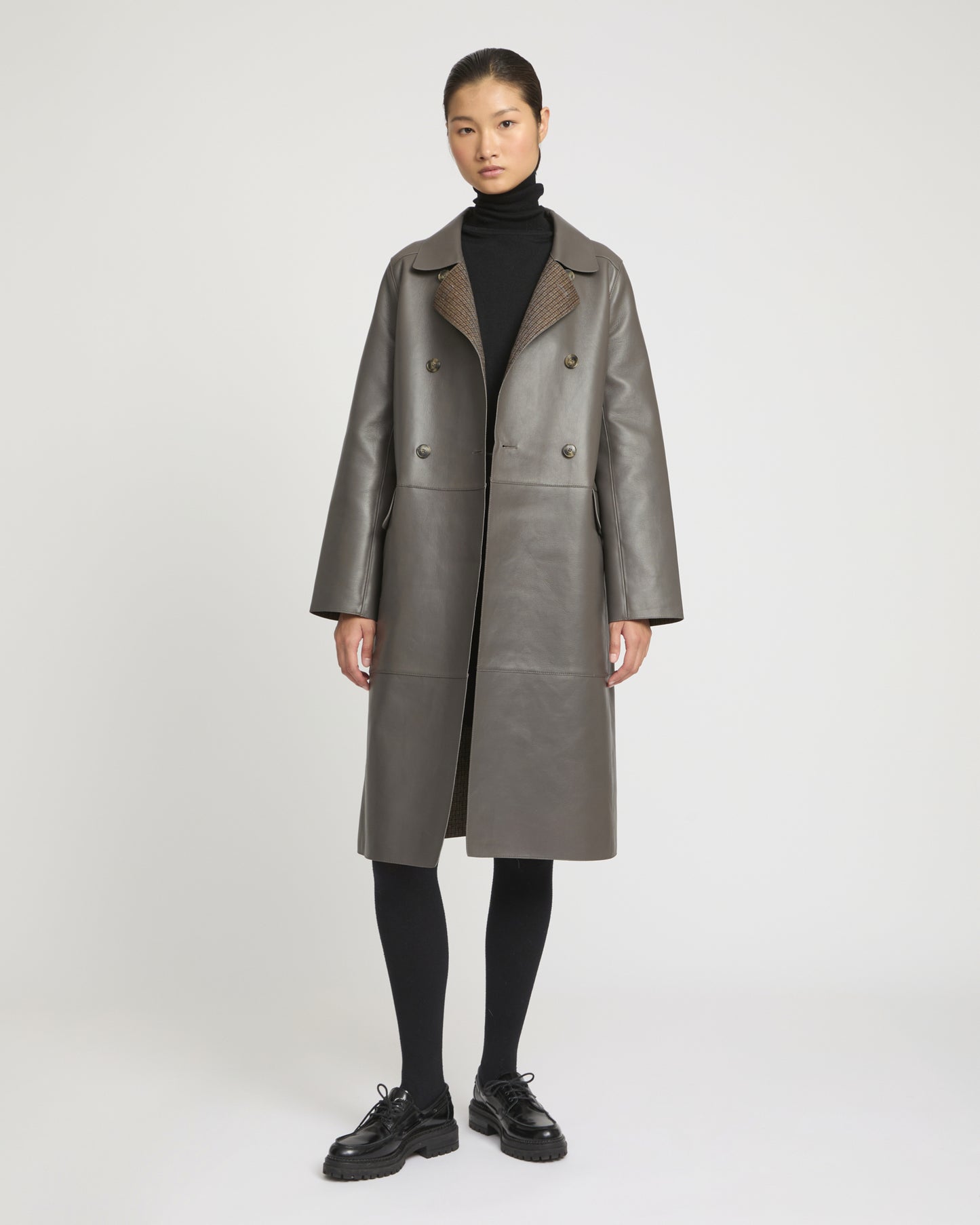 Double-breasted trench coat in bonded leather and wool -Yves Salomon