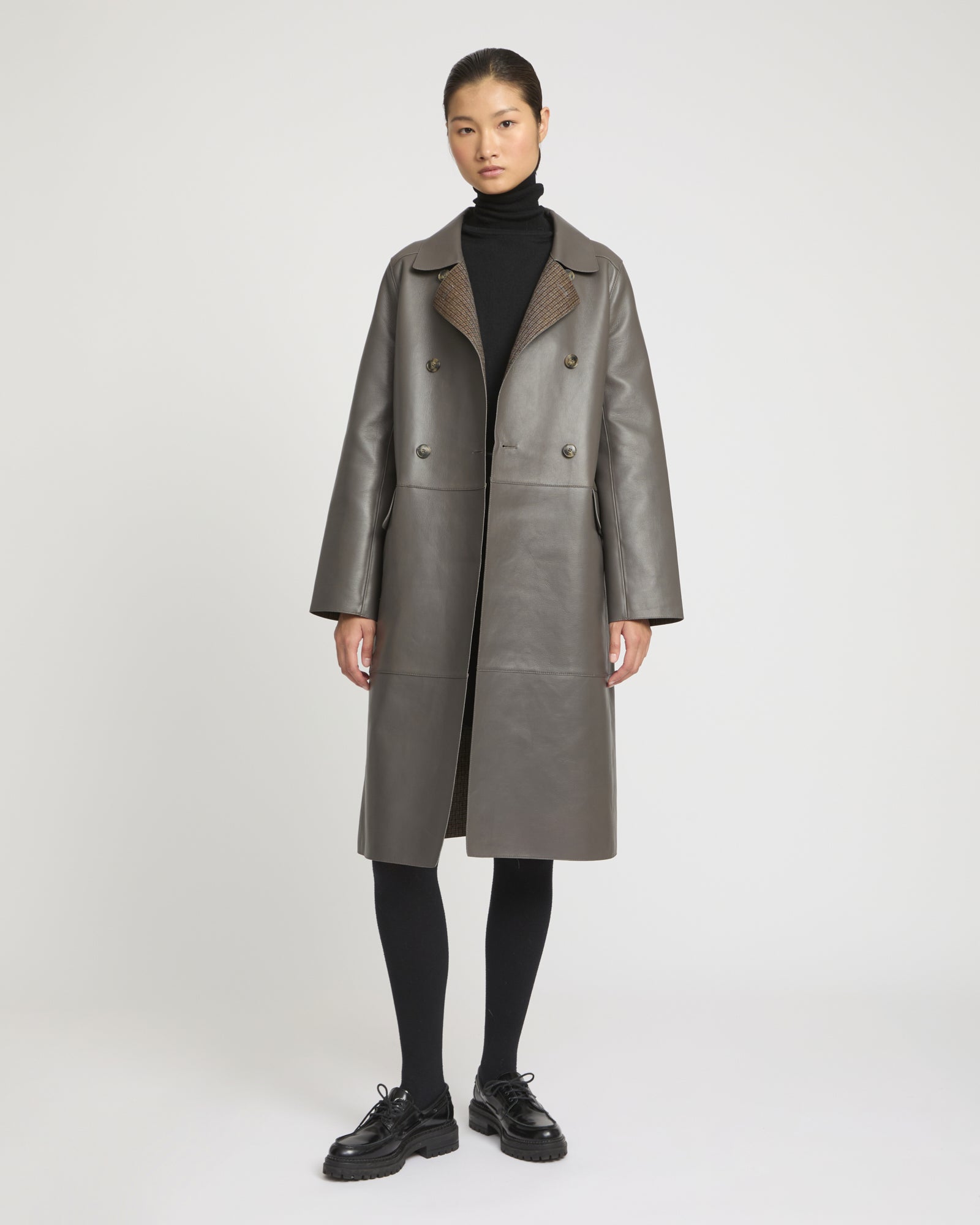 Double-breasted trench coat in bonded leather and wool -Yves Salomon