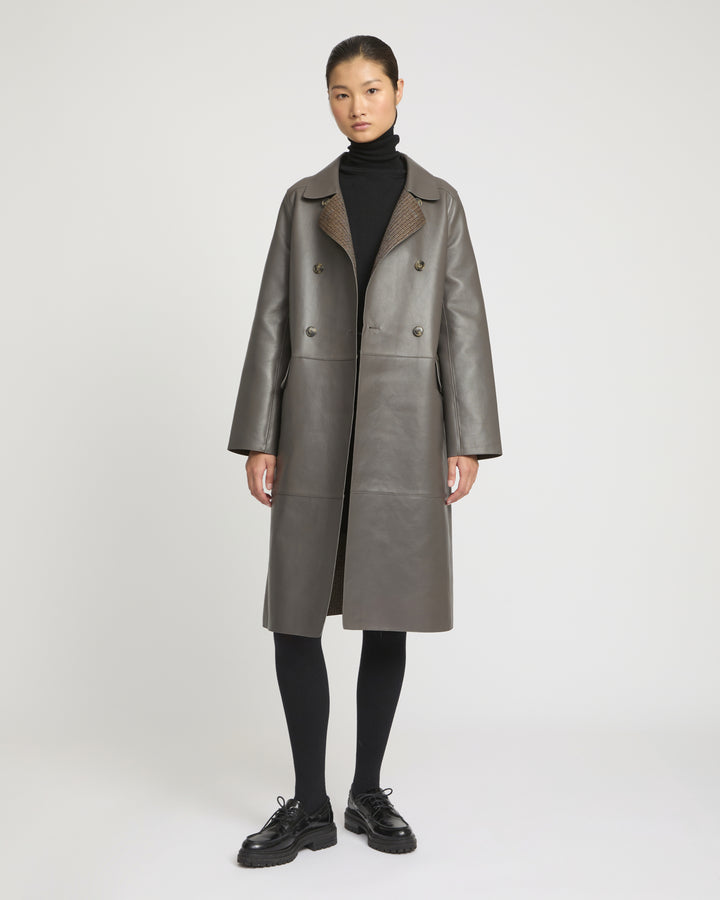 Double-breasted trench coat in bonded leather and wool -Yves Salomon