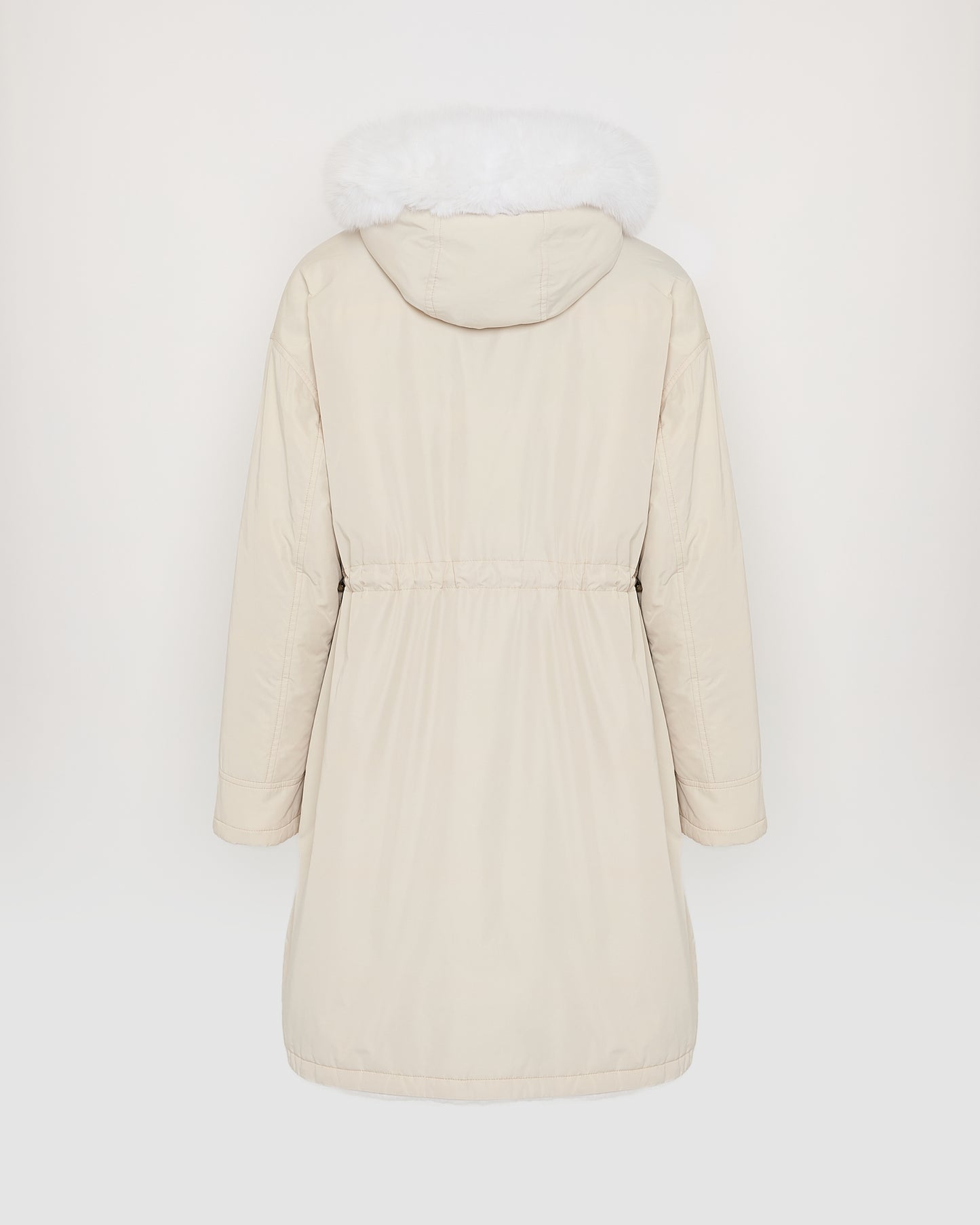 Hooded coat in technical fabric reversible rex rabbit fur