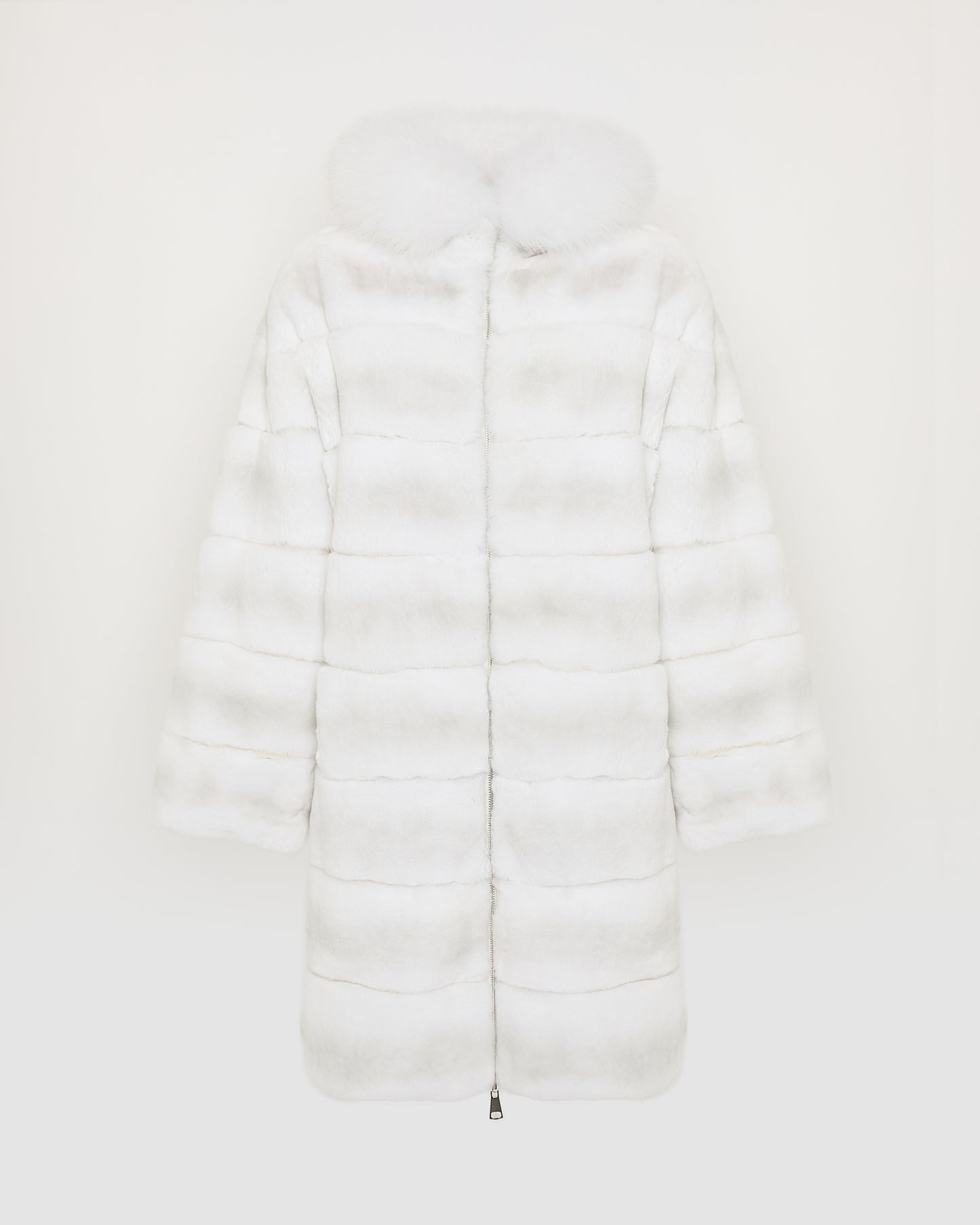 Hooded coat in technical fabric reversible rex rabbit fur