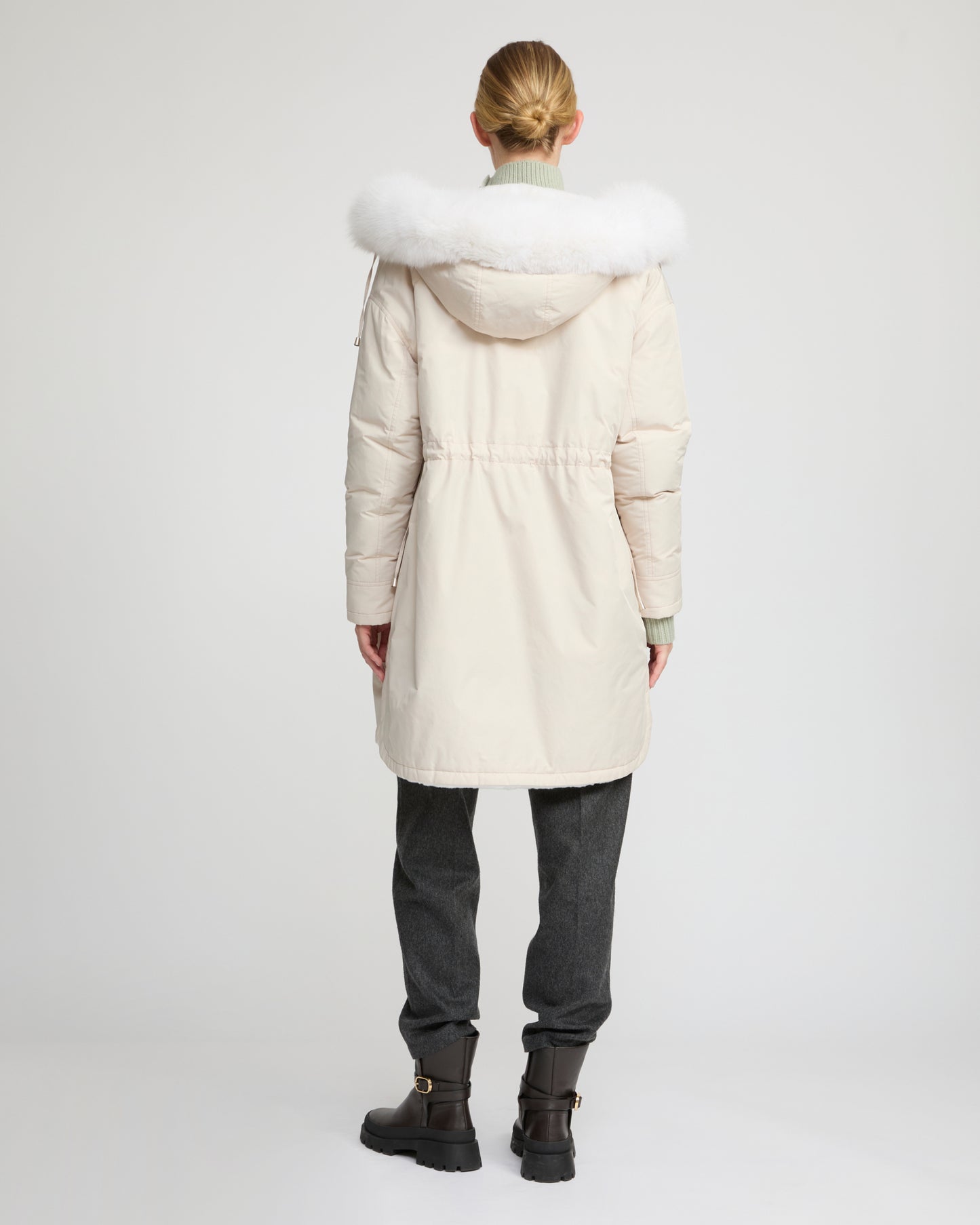 Hooded coat in technical fabric reversible rex rabbit fur