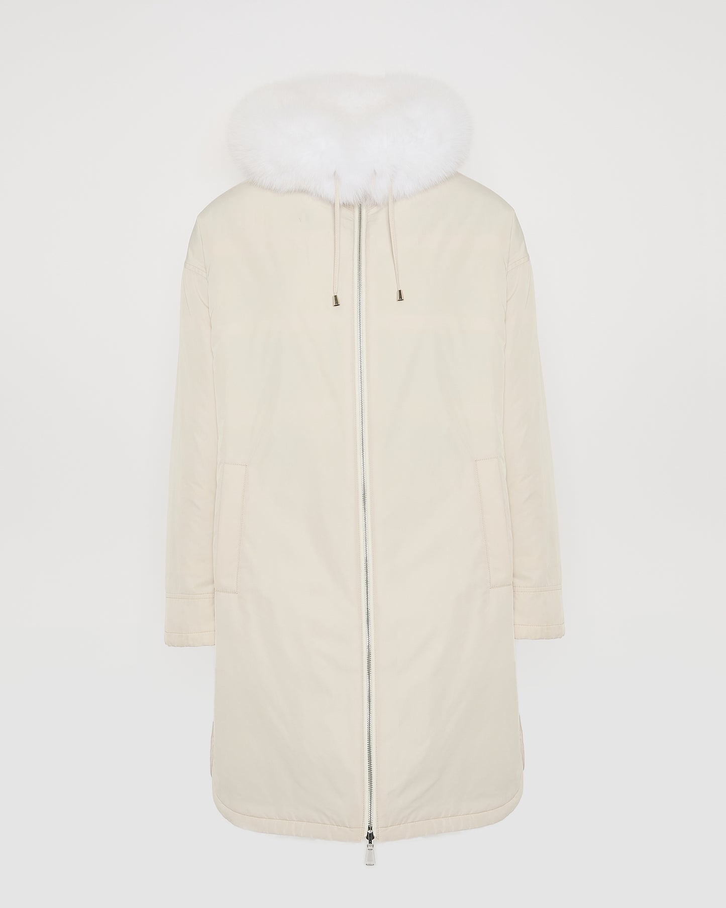 Hooded coat in technical fabric reversible rex rabbit fur