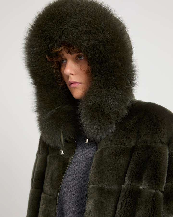 Hooded coat in technical fabric reversible rex rabbit fur -Yves Salomon