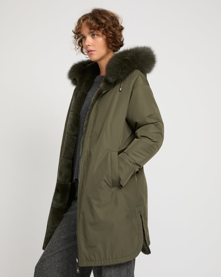 Hooded coat in technical fabric reversible rex rabbit fur -Yves Salomon