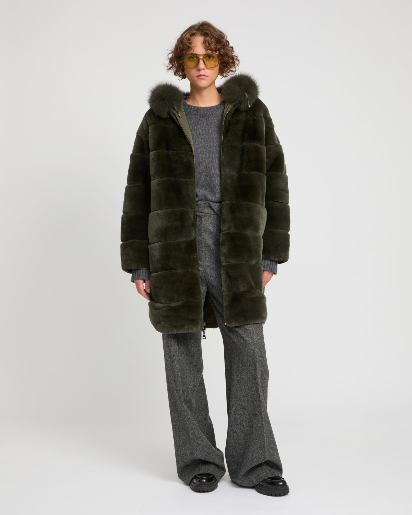 Hooded coat in technical fabric reversible rex rabbit fur -Yves Salomon