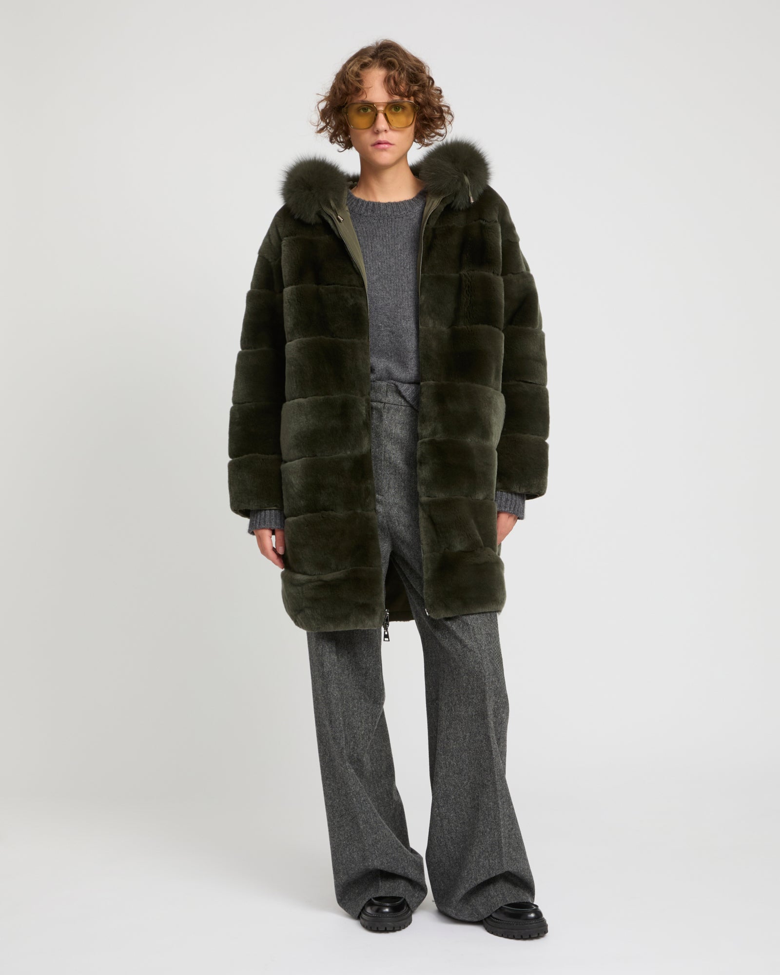 Hooded coat in technical fabric reversible rex rabbit fur -Yves Salomon